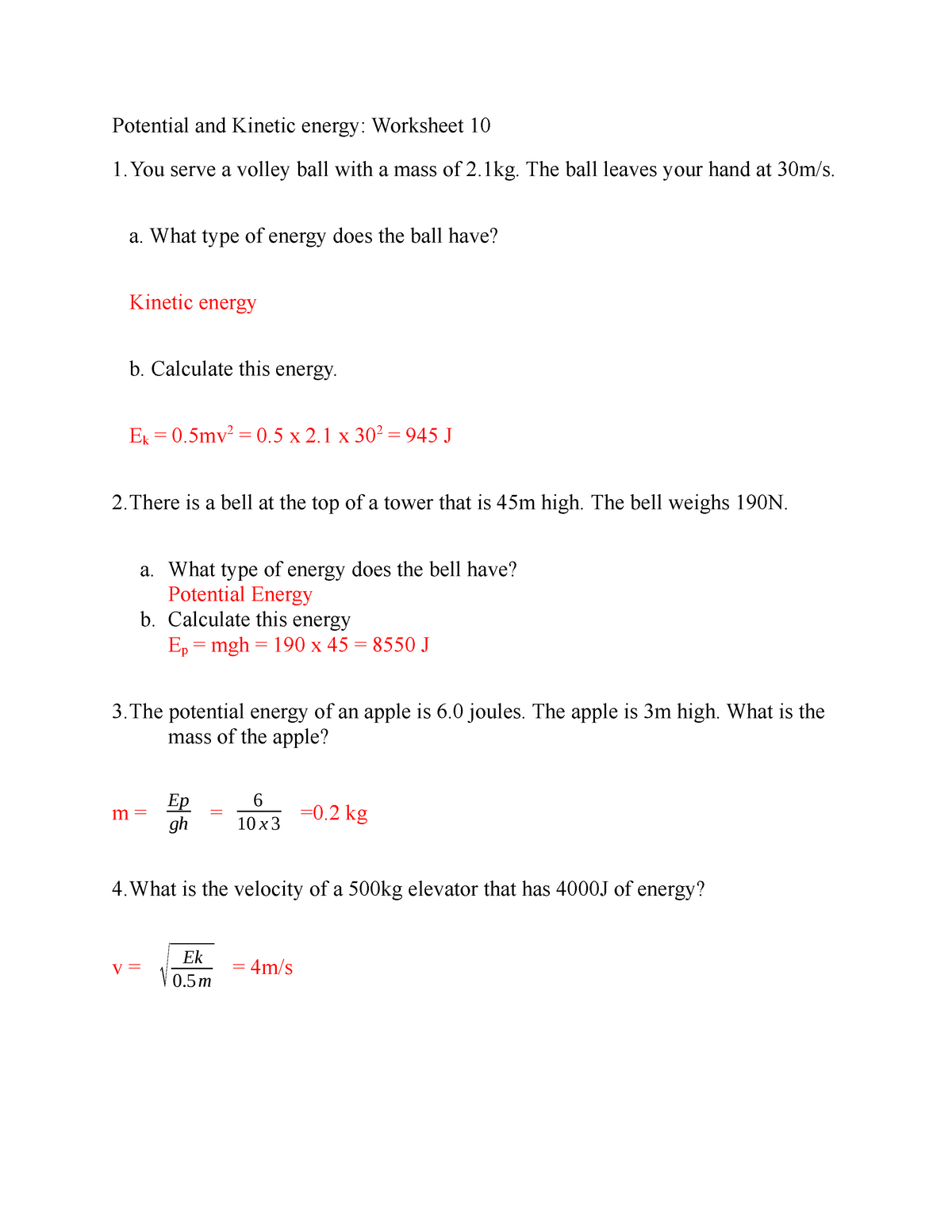 Worksheet 25 soln - Practice probs for phys - Potential and Regarding Introduction To Energy Worksheet