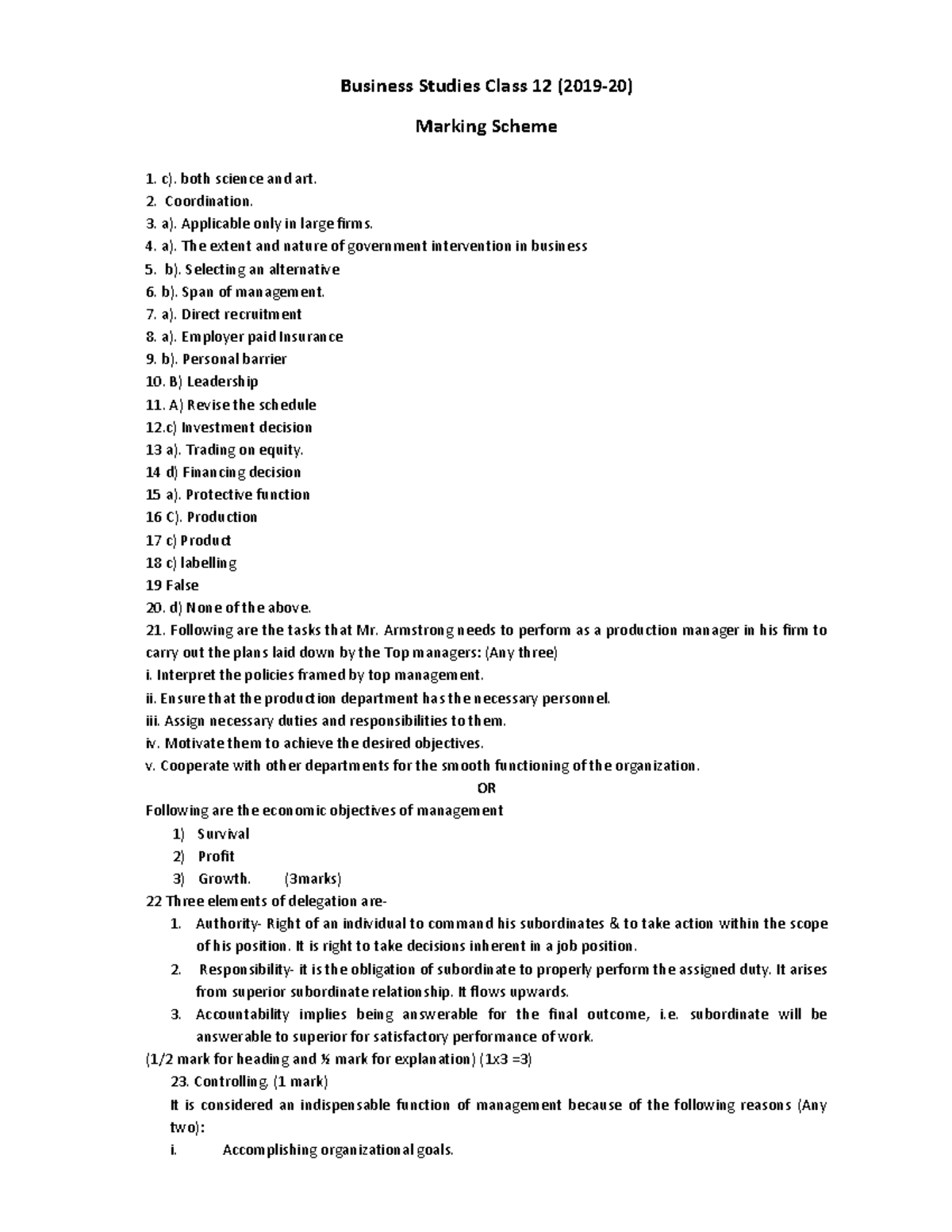 Answer 201920 WELL SAVE EXAM Business Studies Class 12 (201920