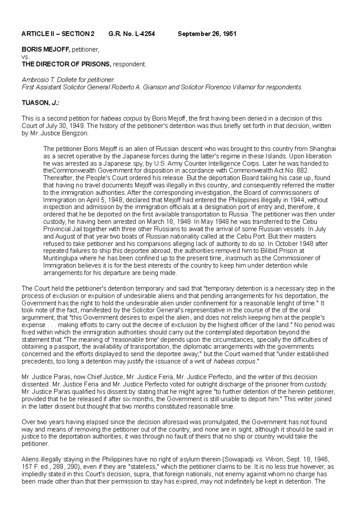 Article II ARTICLE II SECTION 2 G. No. L4254 September 26, 1951 BORIS MEJOFF, petitioner