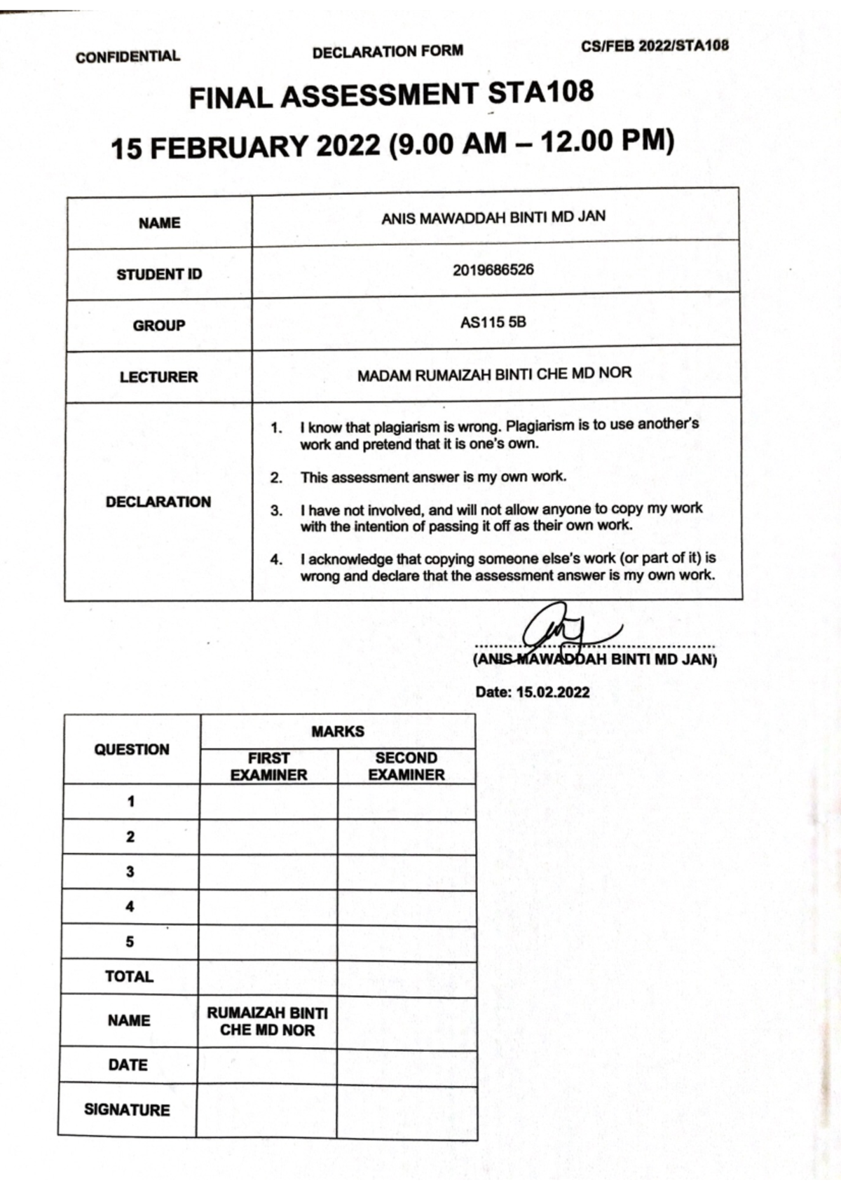 assignment chemical analysis - CONFIDENTIAL DECLARATION FORM FINAL ...