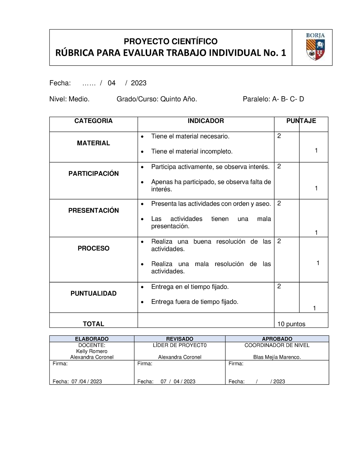 Rúbrica Proyecto Científico No Fecha Nivel Medio Grado Curso Quinto