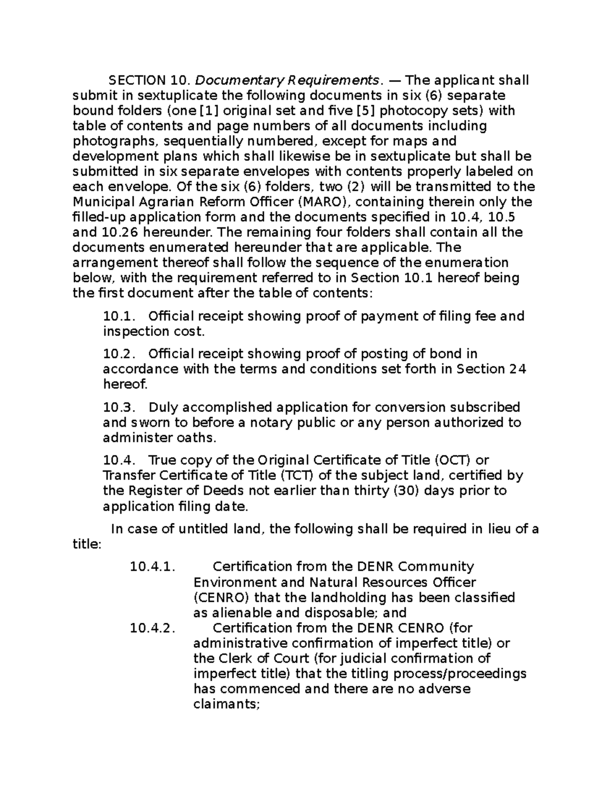 Sec. 10 DAR AO. NO. 1 (2002 ) - SECTION 10. Documentary Requirements ...