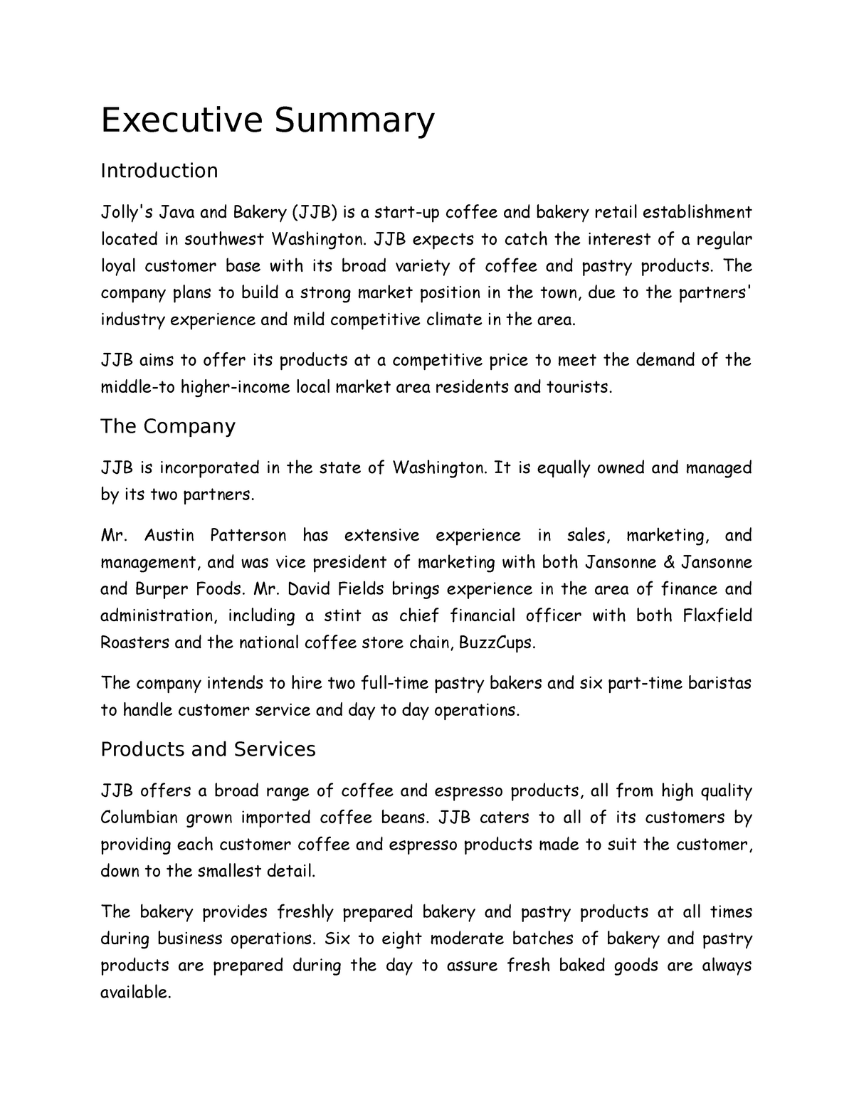 executive summary for a business plan for a restaurant