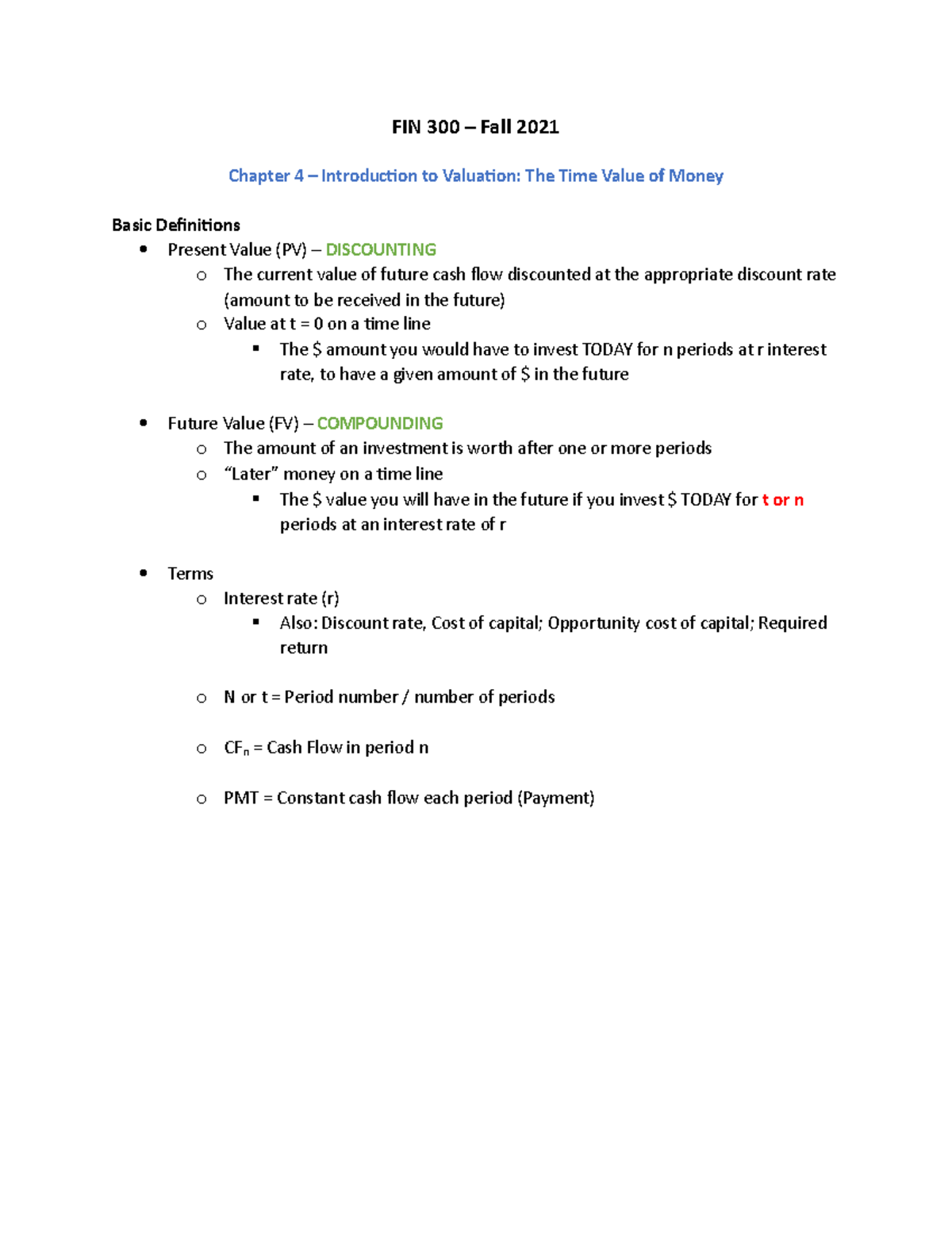 FIN 300 Lecture Notes Chapter 4 Introduction to Valuation: The Time ...