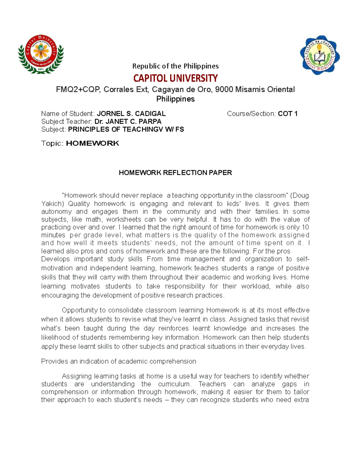Homework- Reflection Paper - Republic of the Philippines CAPITOL ...