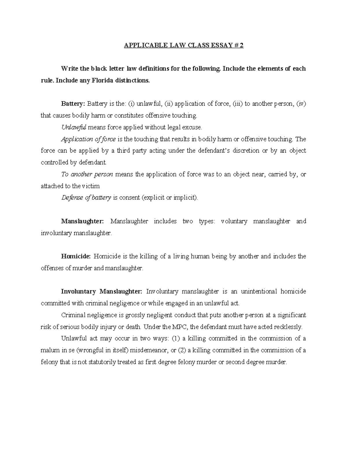 Applicable LAW Essay 2 APPLICABLE LAW CLASS ESSAY 2 Write the