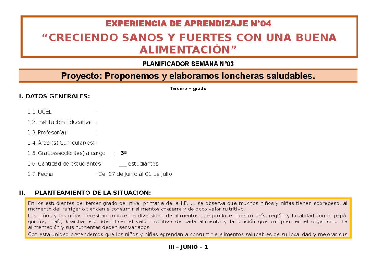 3° Grado Planificador Del 27 De Junio Al 01 De Julio Experiencia De Aprendizaje N 2054