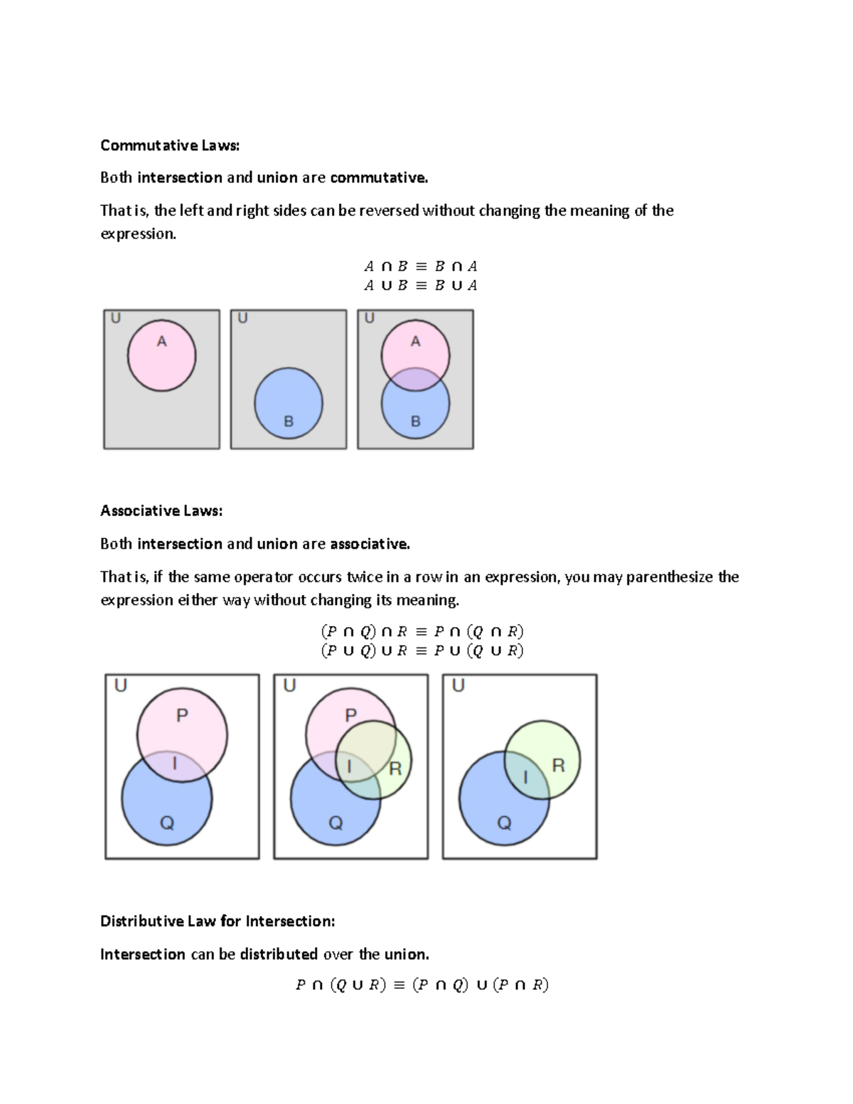 Discrete Math Notes - Commutative Laws: Both intersection and union are ...