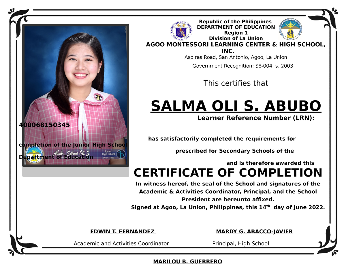 Abubo Salma - Certificate for Graduation - Republic of the Philippines ...