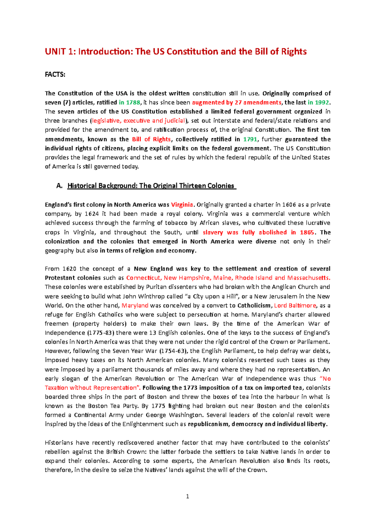 English facts for QCM - UNIT 1: Introducion: The US Consituion and the ...