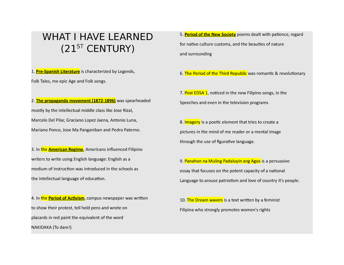 what have you learned in 21st century literature essay