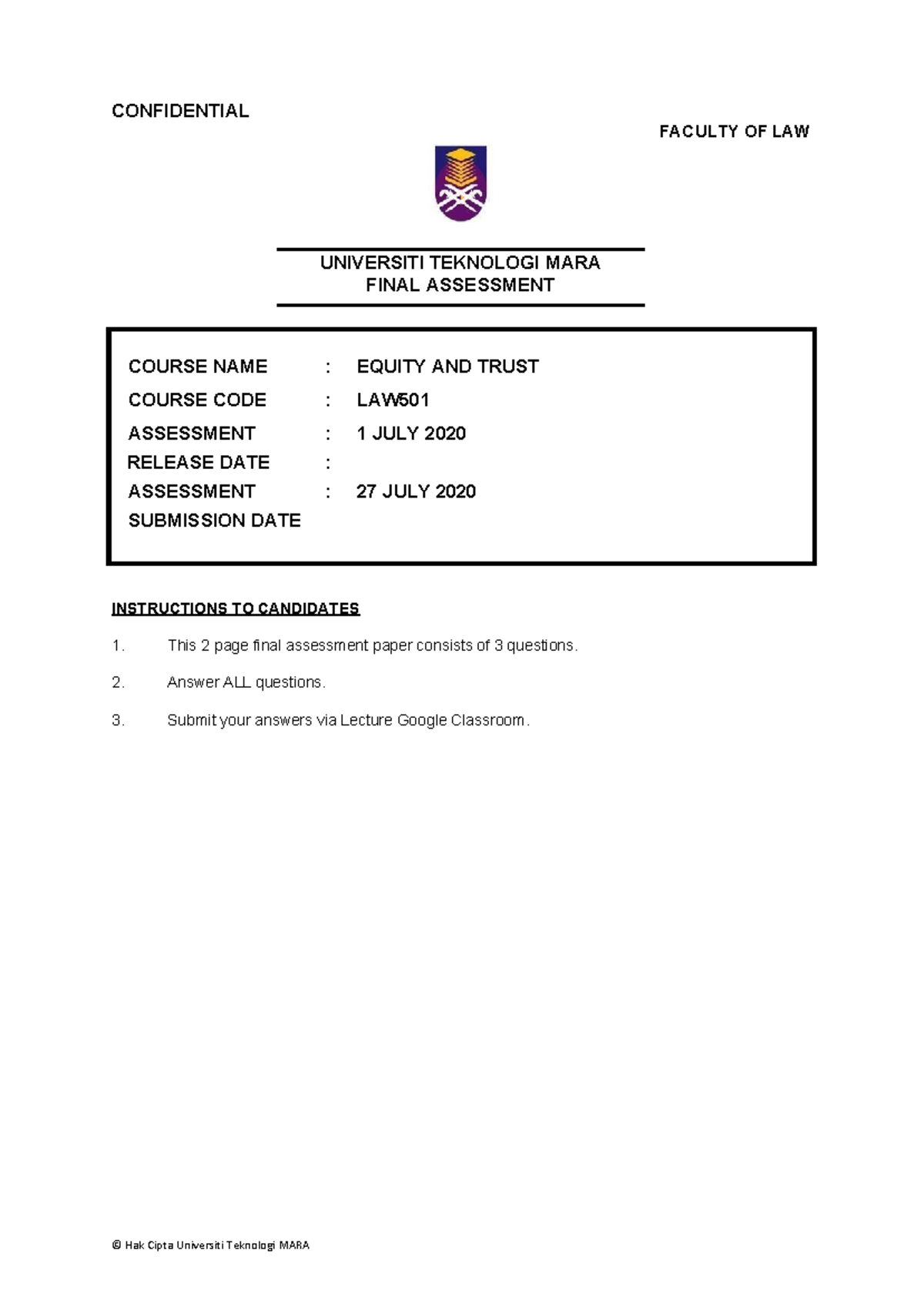 1 JULY Final Assessment - CONFIDENTIAL FACULTY OF LAW UNIVERSITI ...