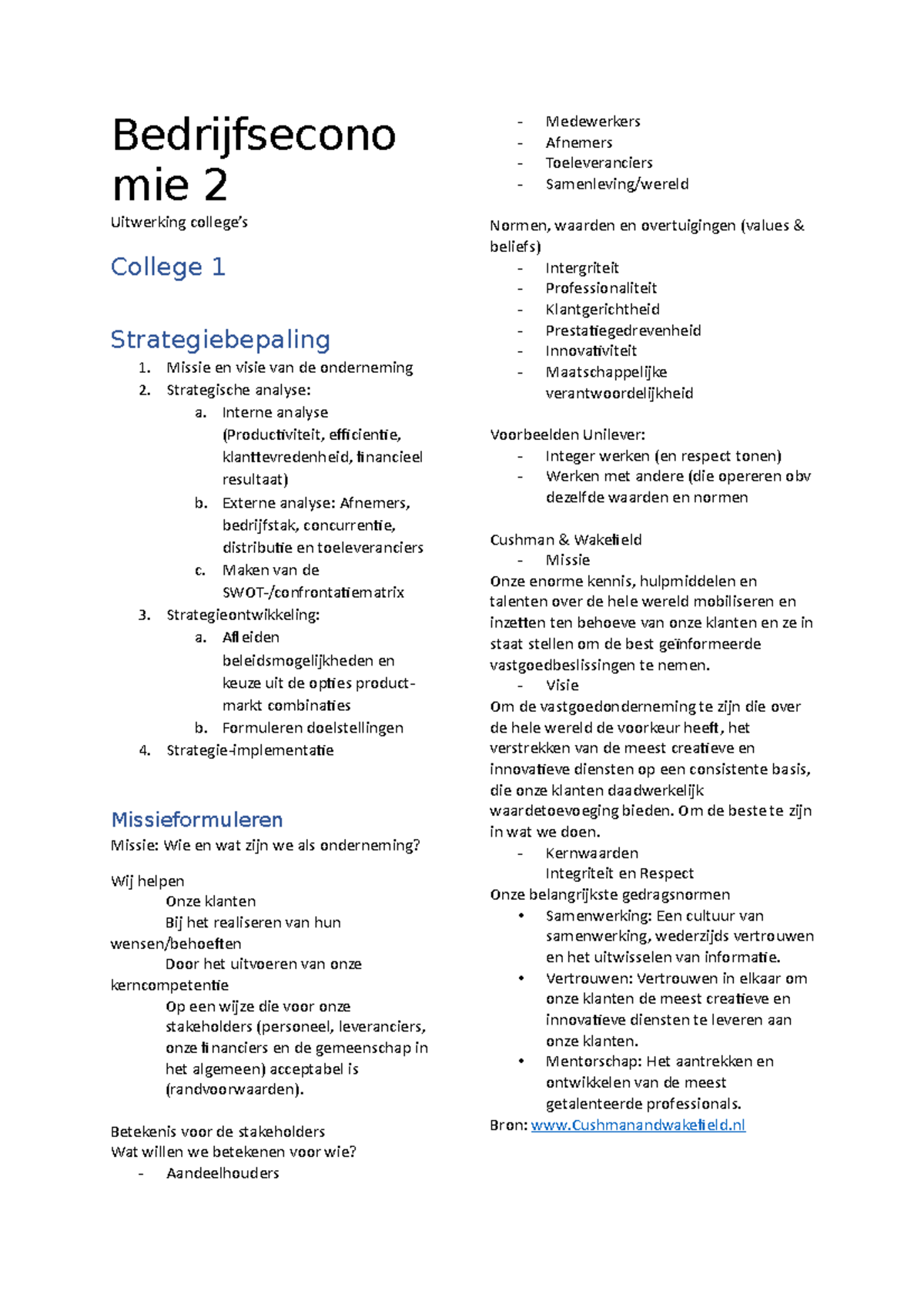 Vastgoed en makelaardij Bedrijfseconomie 2 uitwerking college's Bedrijfsecono mie 2