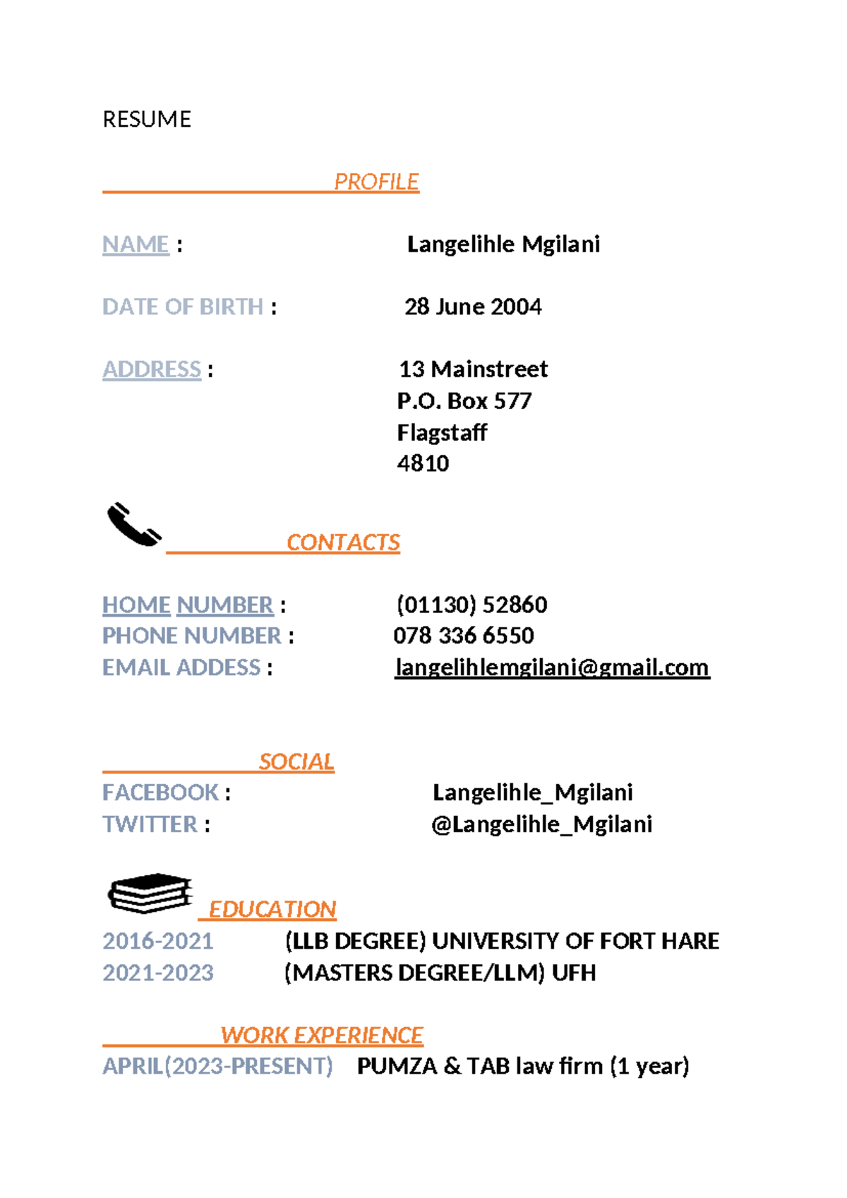 224018125 Curriculum Vitae - RESUME PROFILE NAME : Langelihle Mgilani ...