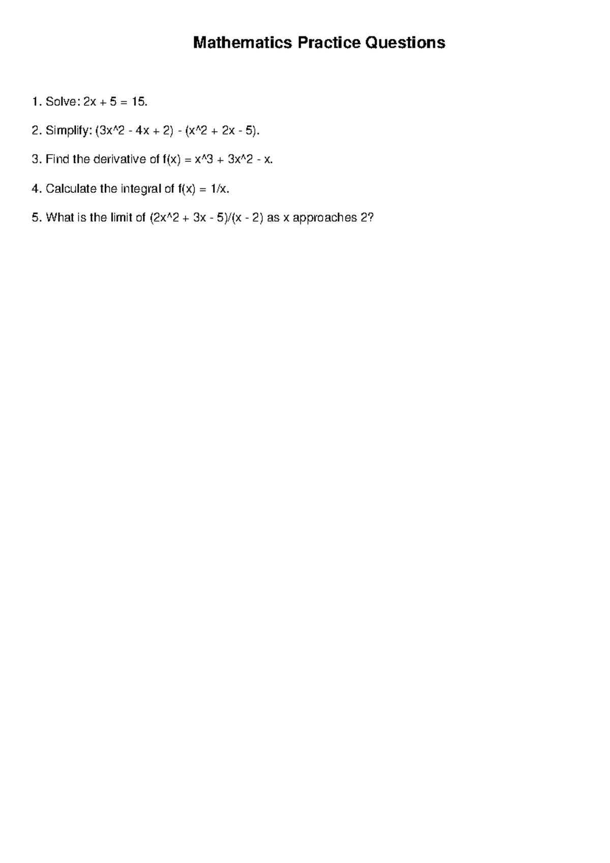 Math Practice Questions - MATA31 - Mathematics Practice Questions Solve ...