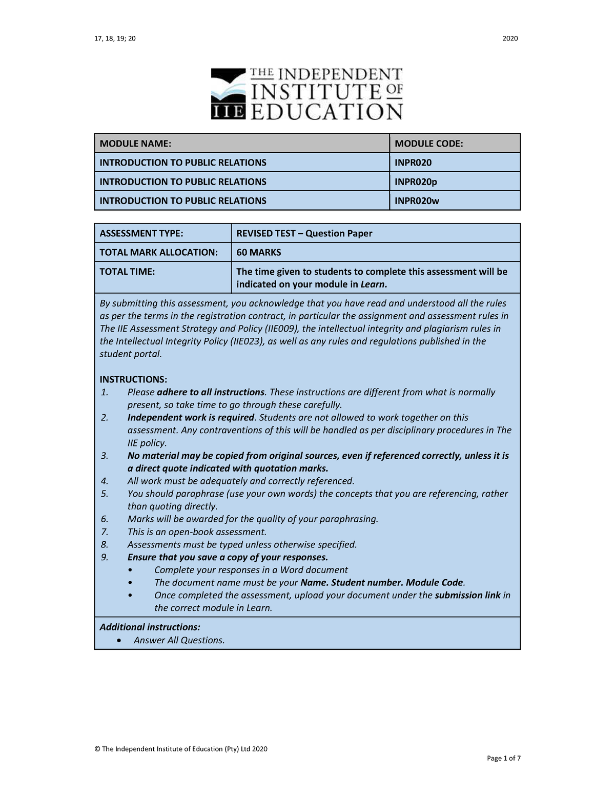 Take-Home Test 1 - © The Independent Institute Of Education (Pty) Ltd ...