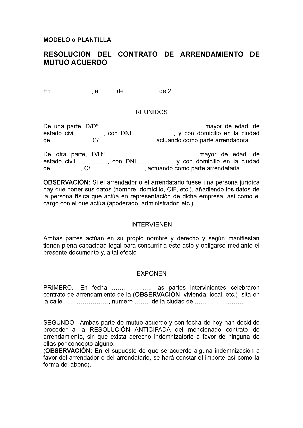 Resolucion DEL Contrato DE Arrendamiento DE Mutuo Acuerdo - MODELO o ...