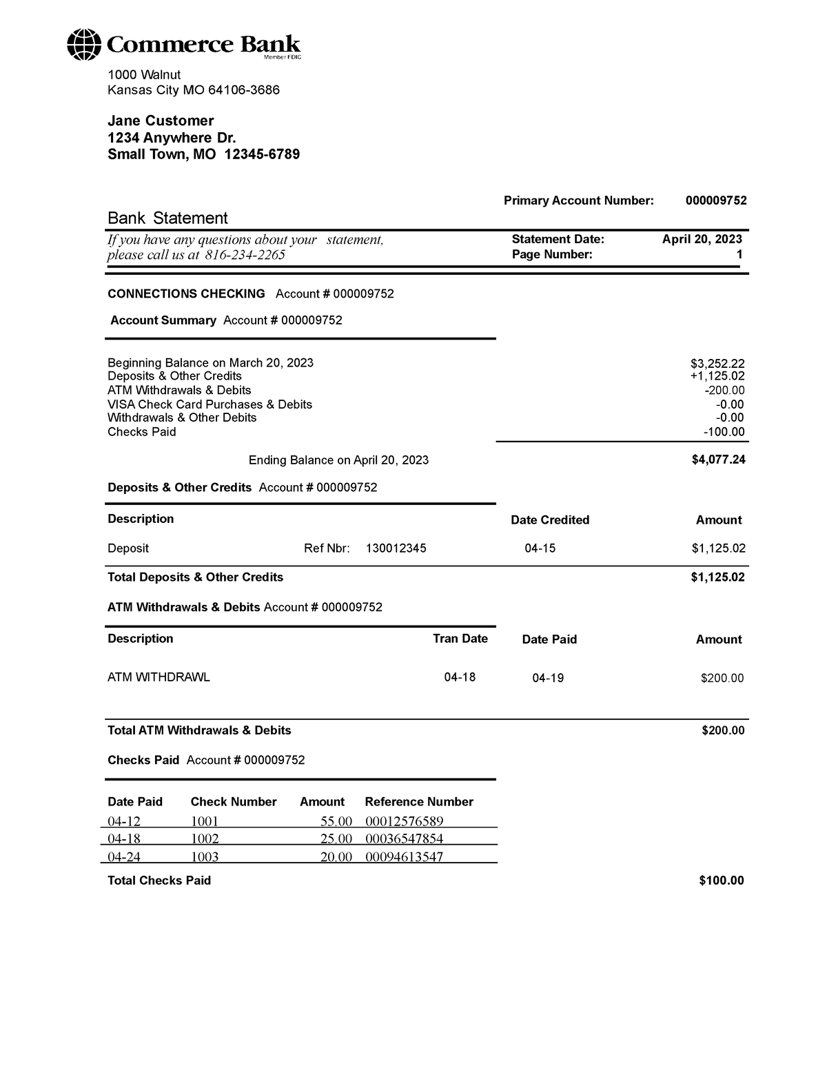 Bank statement template 17 - 1000 Walnut Jane Customer ATM Withdrawals ...