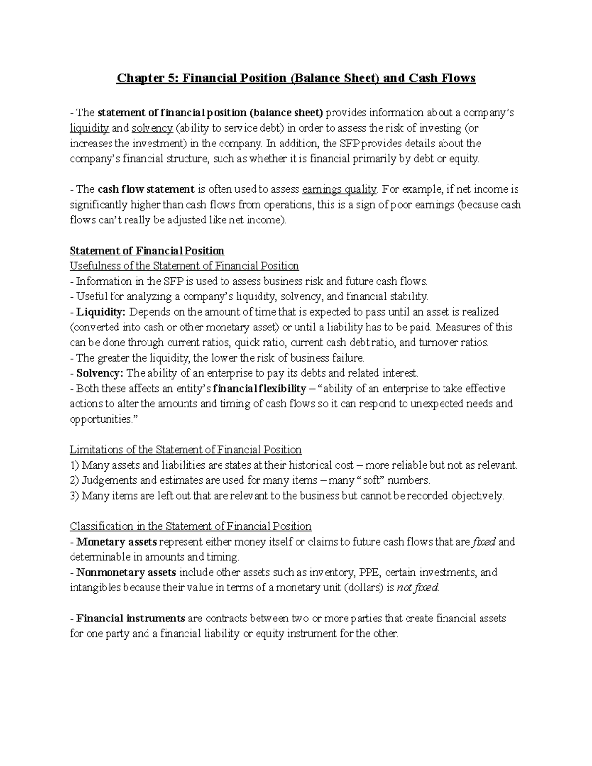 Adms 3585 chapter 5 notes - Chapter 5: Financial Position (Balance ...