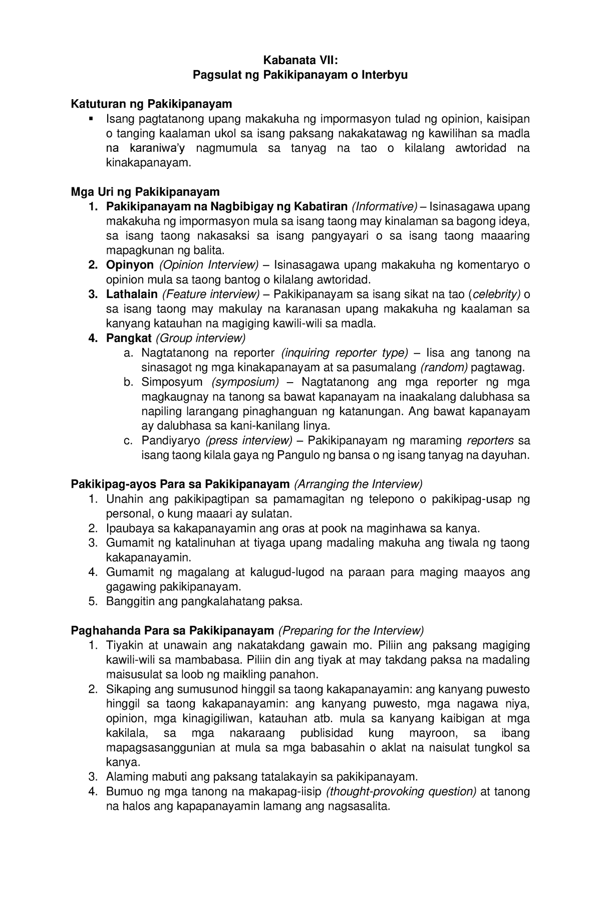 Kabanata 7 - Pagsulat Ng Interbyu - Kabanata VII: Pagsulat Ng ...