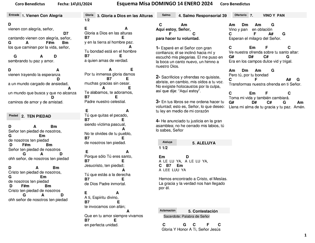 Esquemas DE MISA Domingo 14 DE Enero 2024 Coro Benedictus Fecha 14