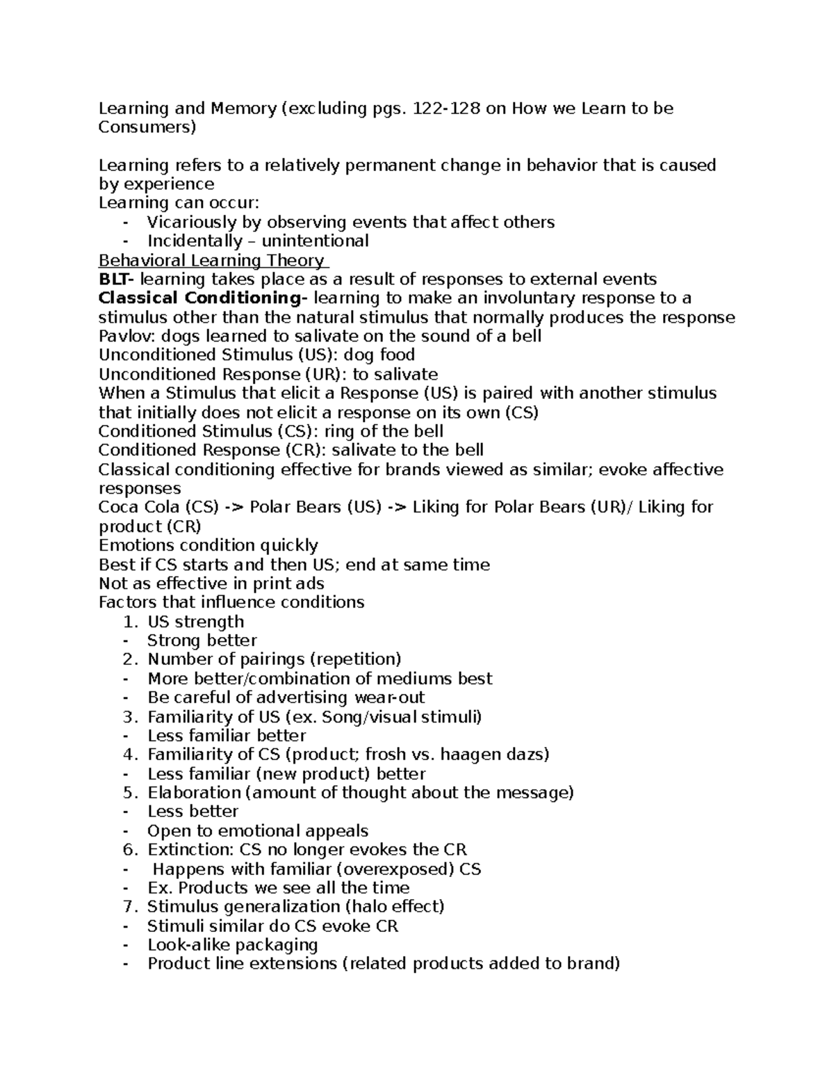 Learning And Memory Lecture Notes Notes For Exam 1 Learning And Learning And Memory Lecture Notes Notes For Exam 1 Learning And