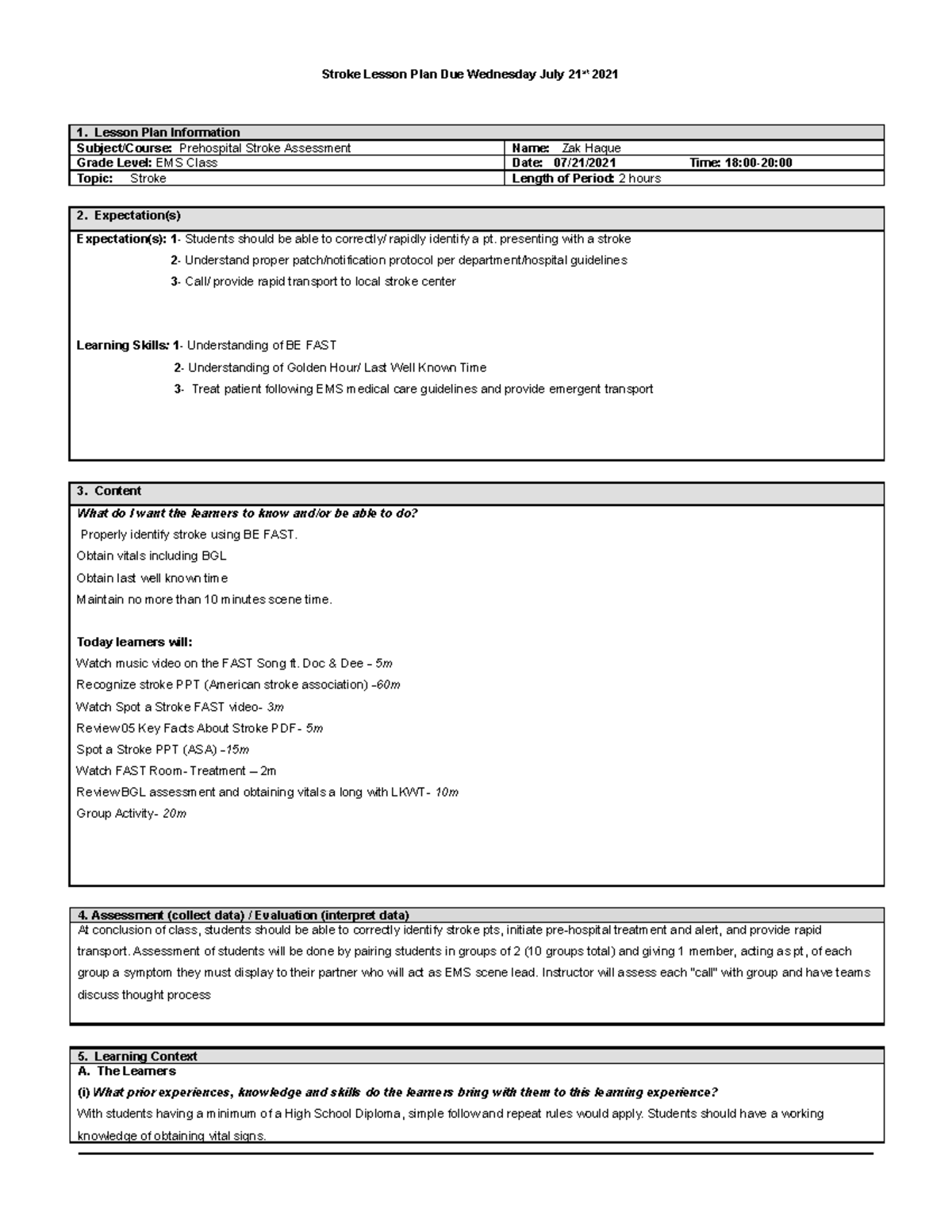 Signs and symptoms of a stroke lesson plan. For use in EMS-I program or ...