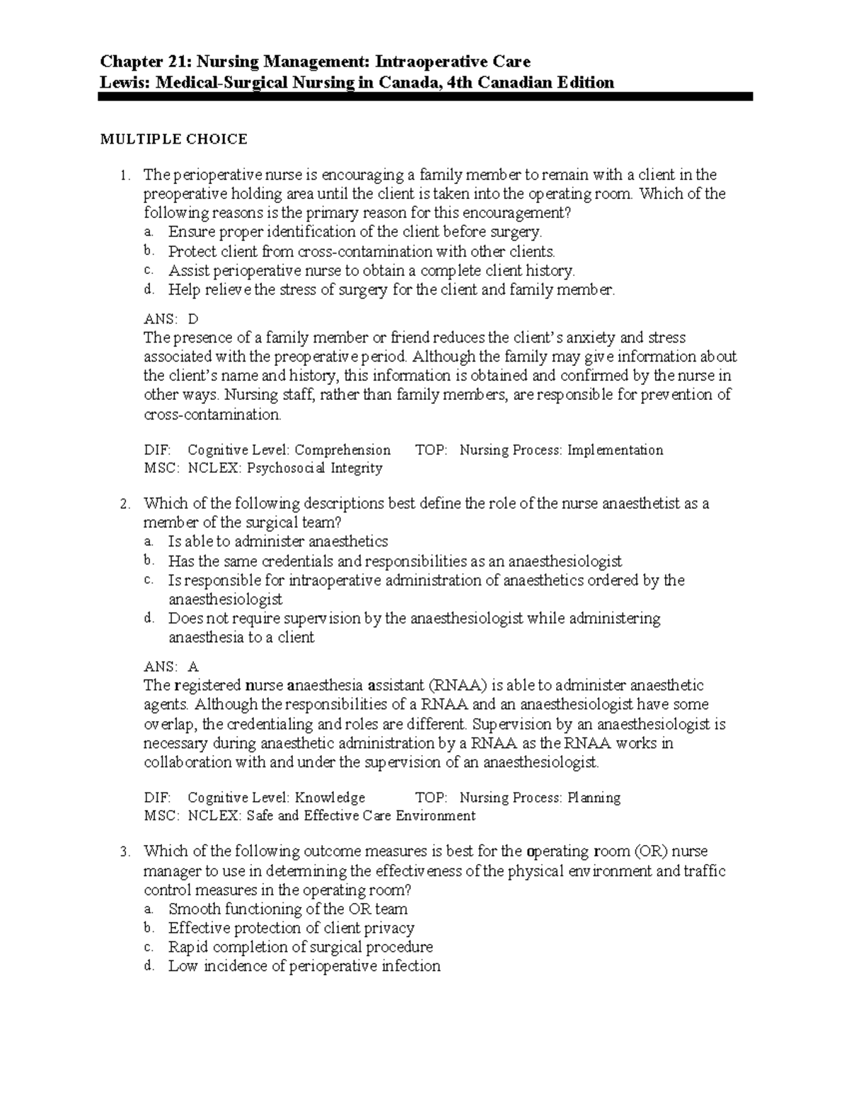 Medsurg chapter 21 Chapter 21 Nursing Management Intraoperative Care Lewis MedicalSurgical