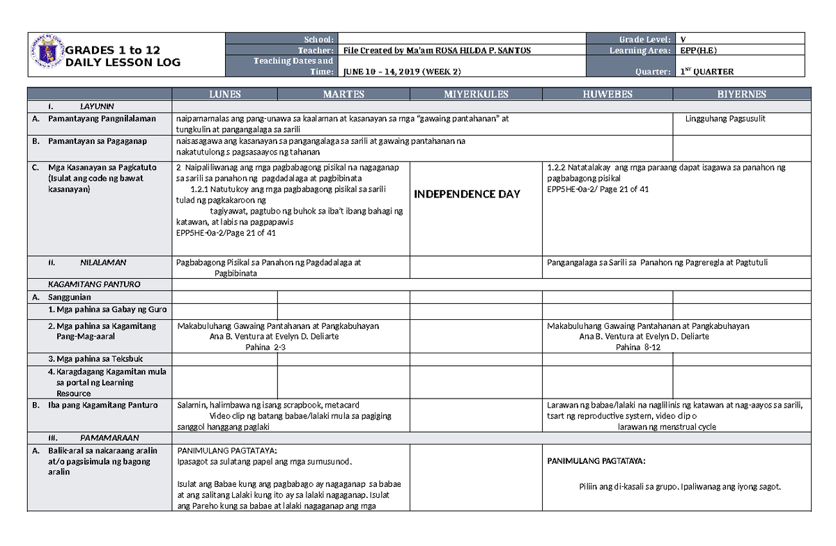 DLL EPP 5 Q1 W2 - SUBJECT - GRADES 1 to 12 DAILY LESSON LOG School ...