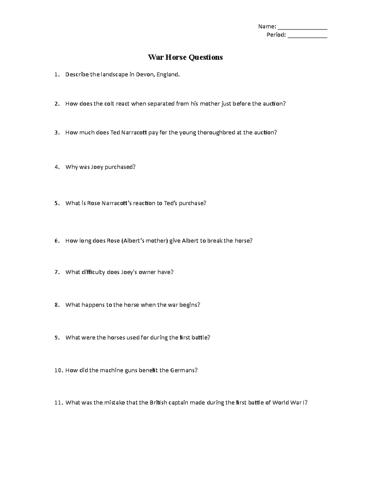 War Horse Questions Name _______________Period ____________ War