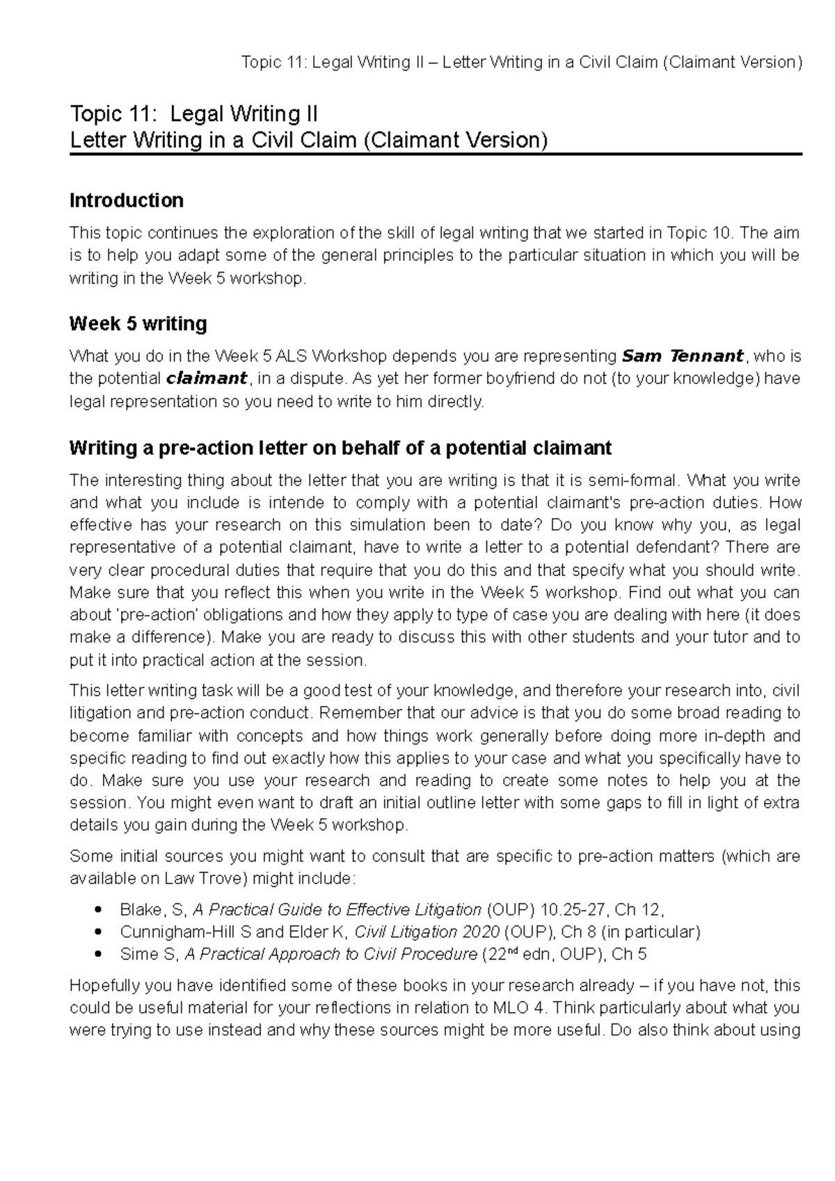 Topic 11- Legal Writing II - Letter Writing In A Civil Claim (Claimant ...