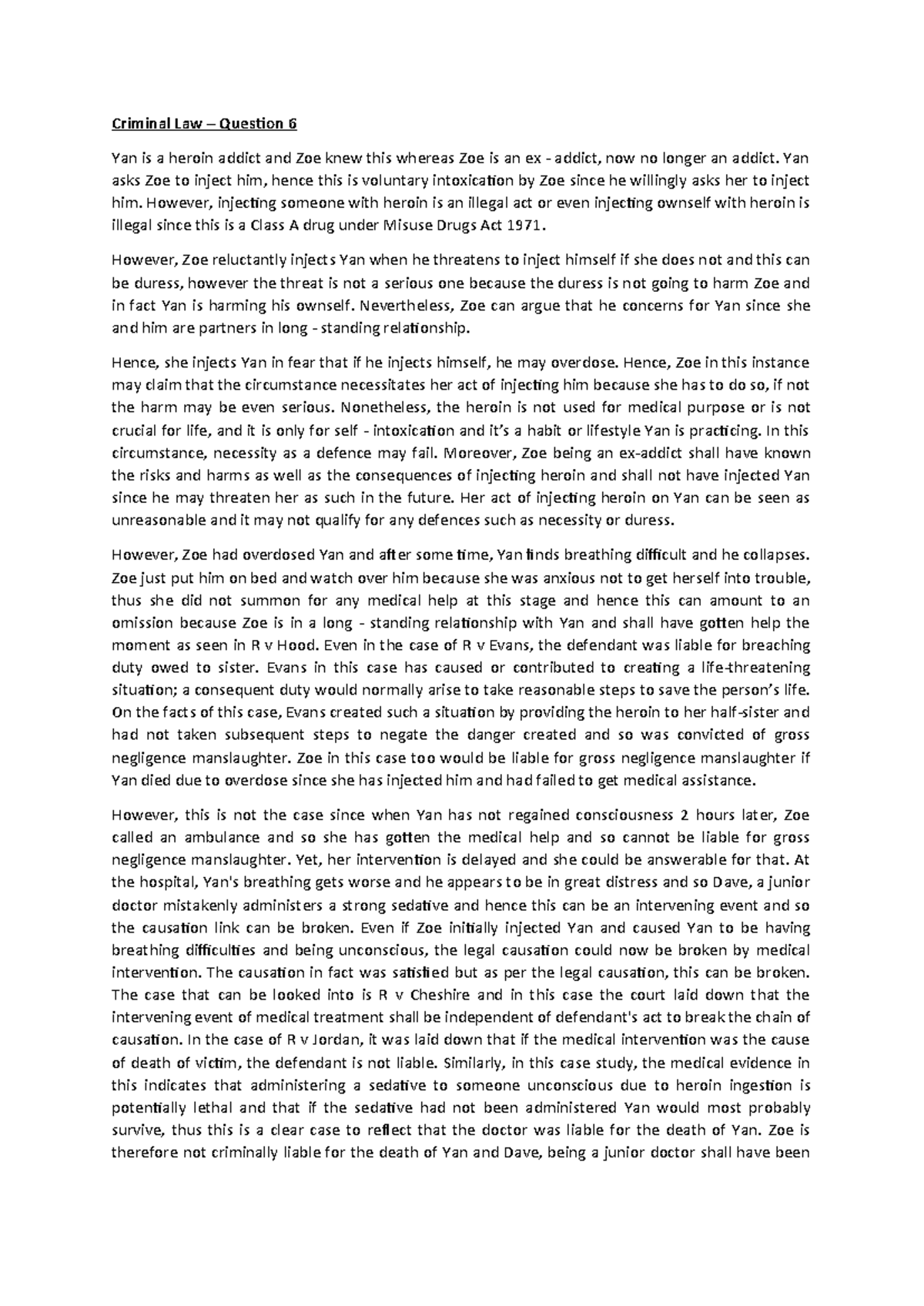 653887159 Criminal Law Question 6 Yan and Zoe Criminal Law Question