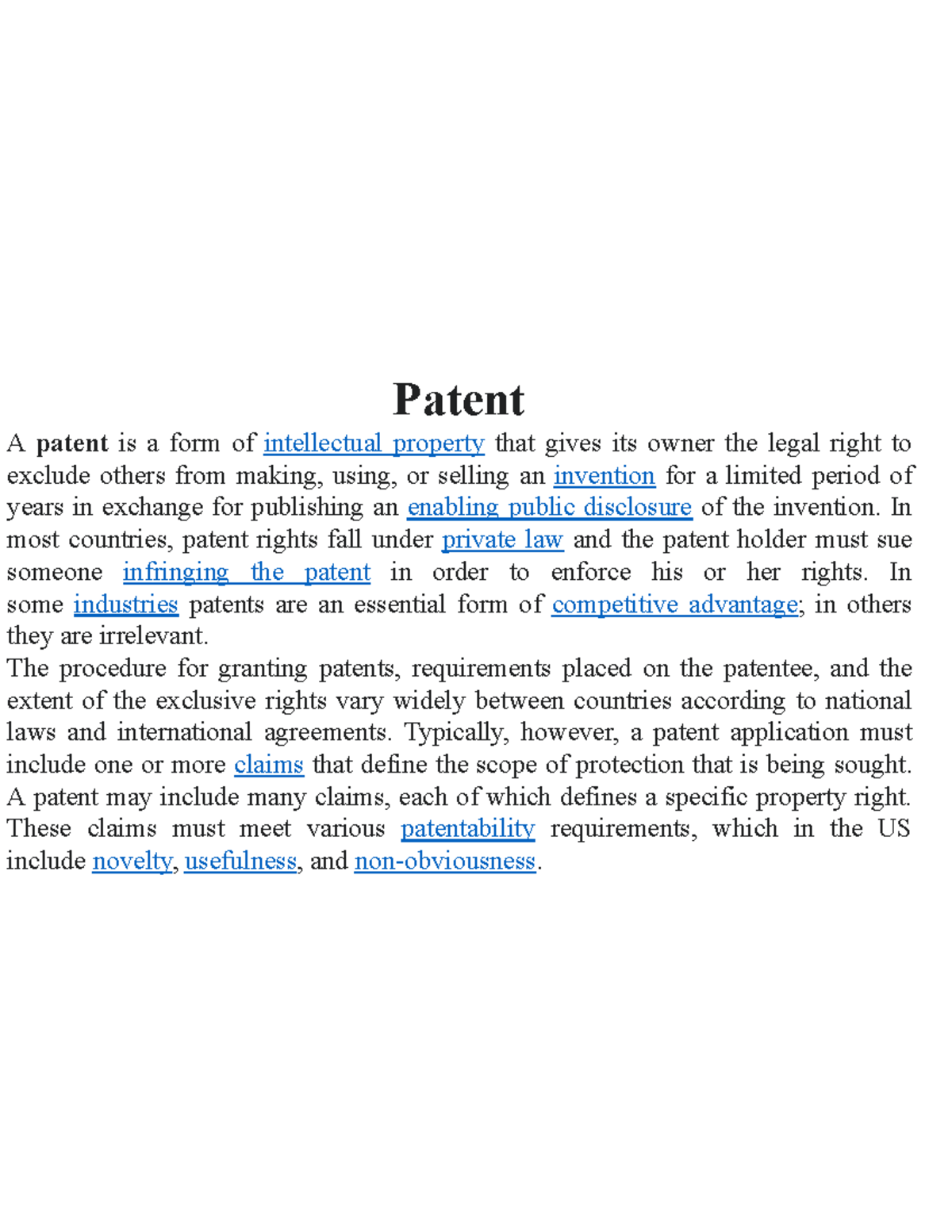 cile lecture notes - Patent A patent is a form of intellectual property ...