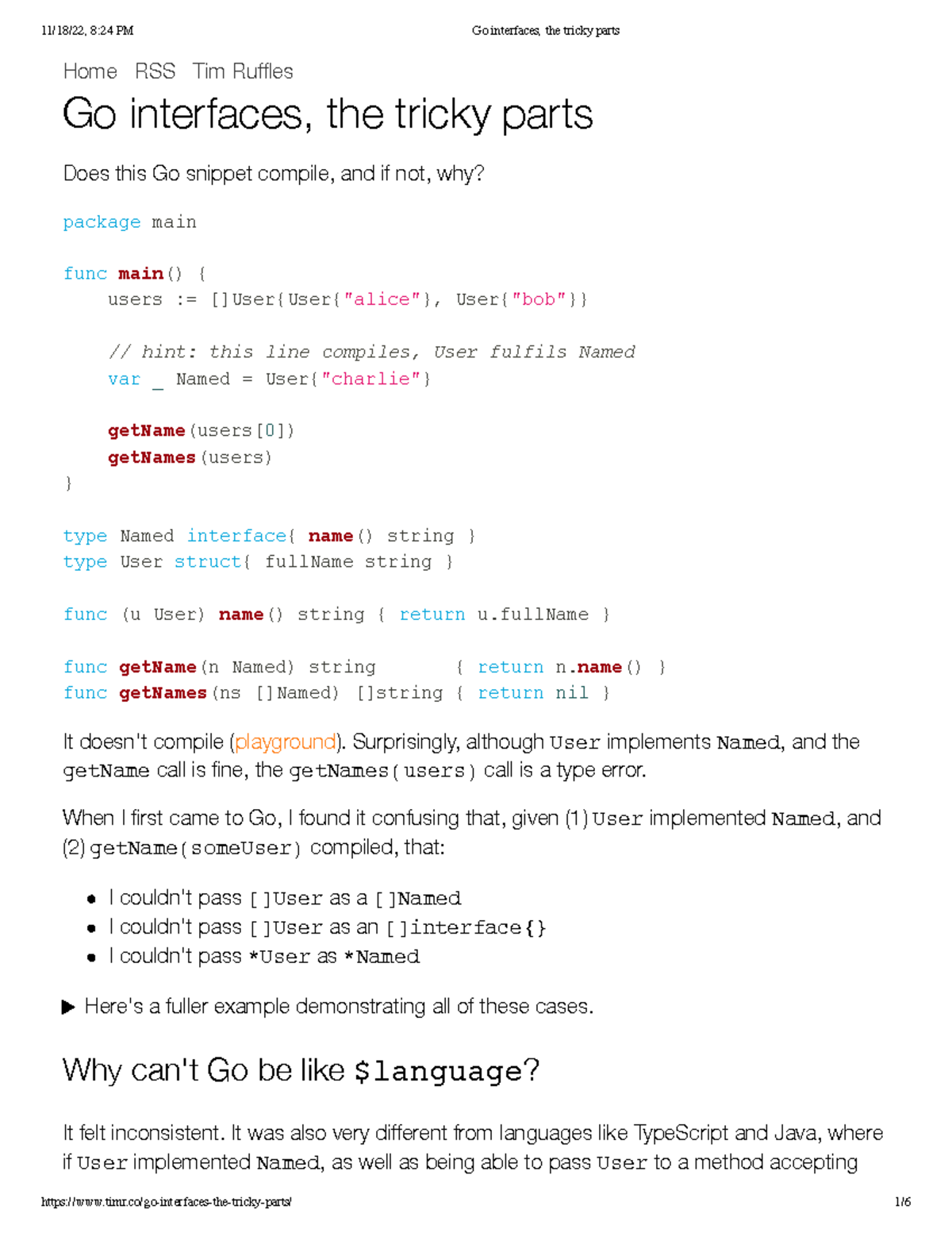 Go interfaces, the tricky parts Home RSS Tim Ruffles Go interfaces