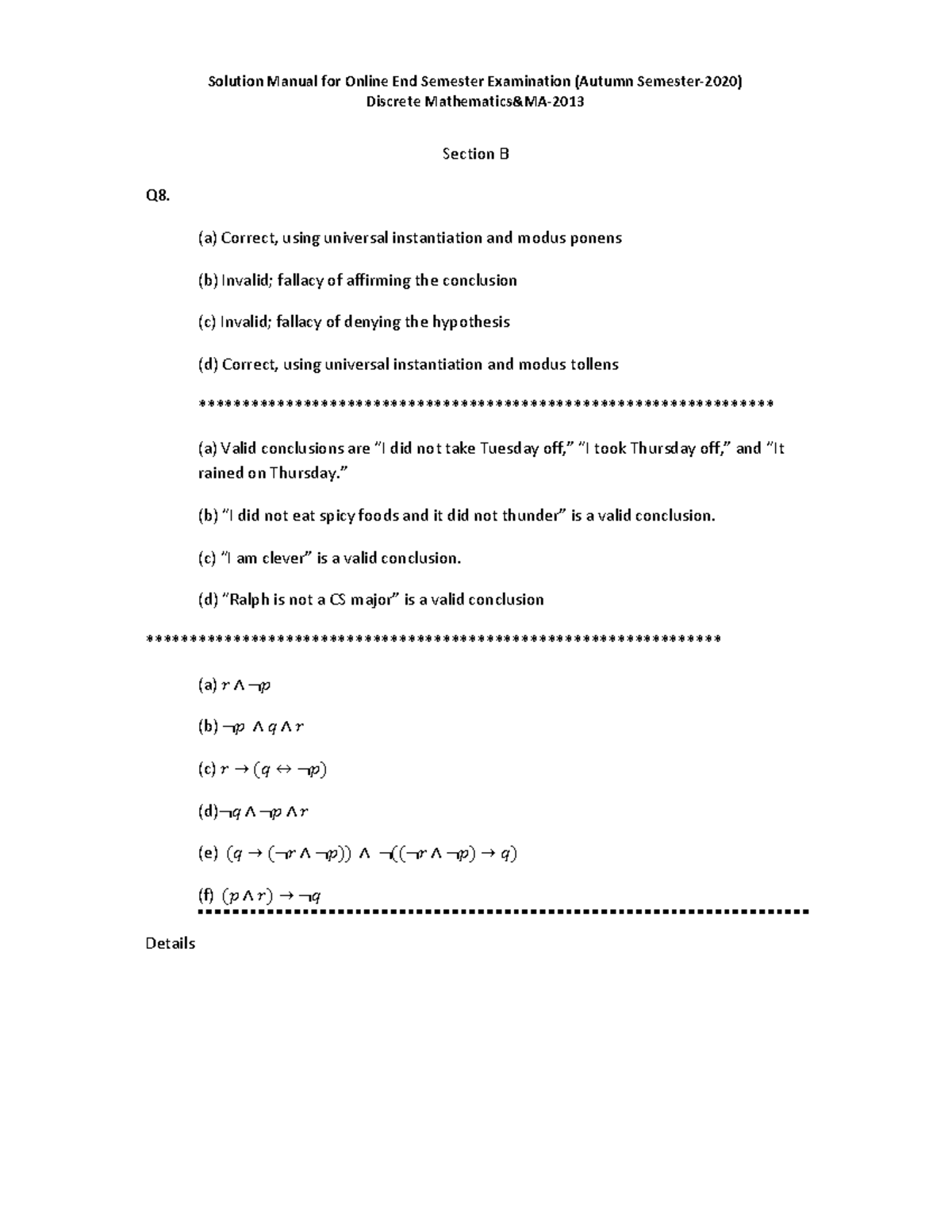 Solution 2020 Endsems - Discrete Mathematics&MA- Section B Q8. (a ...