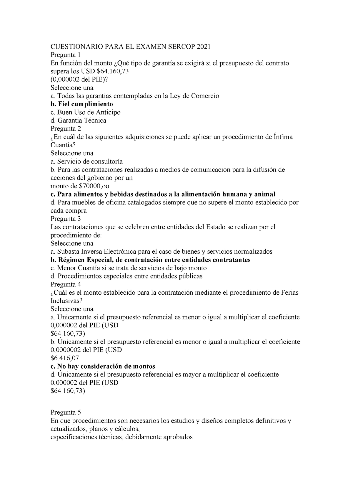 Cuestionario PARA EL Examen Sercop 2021 - CUESTIONARIO PARA EL EXAMEN ...