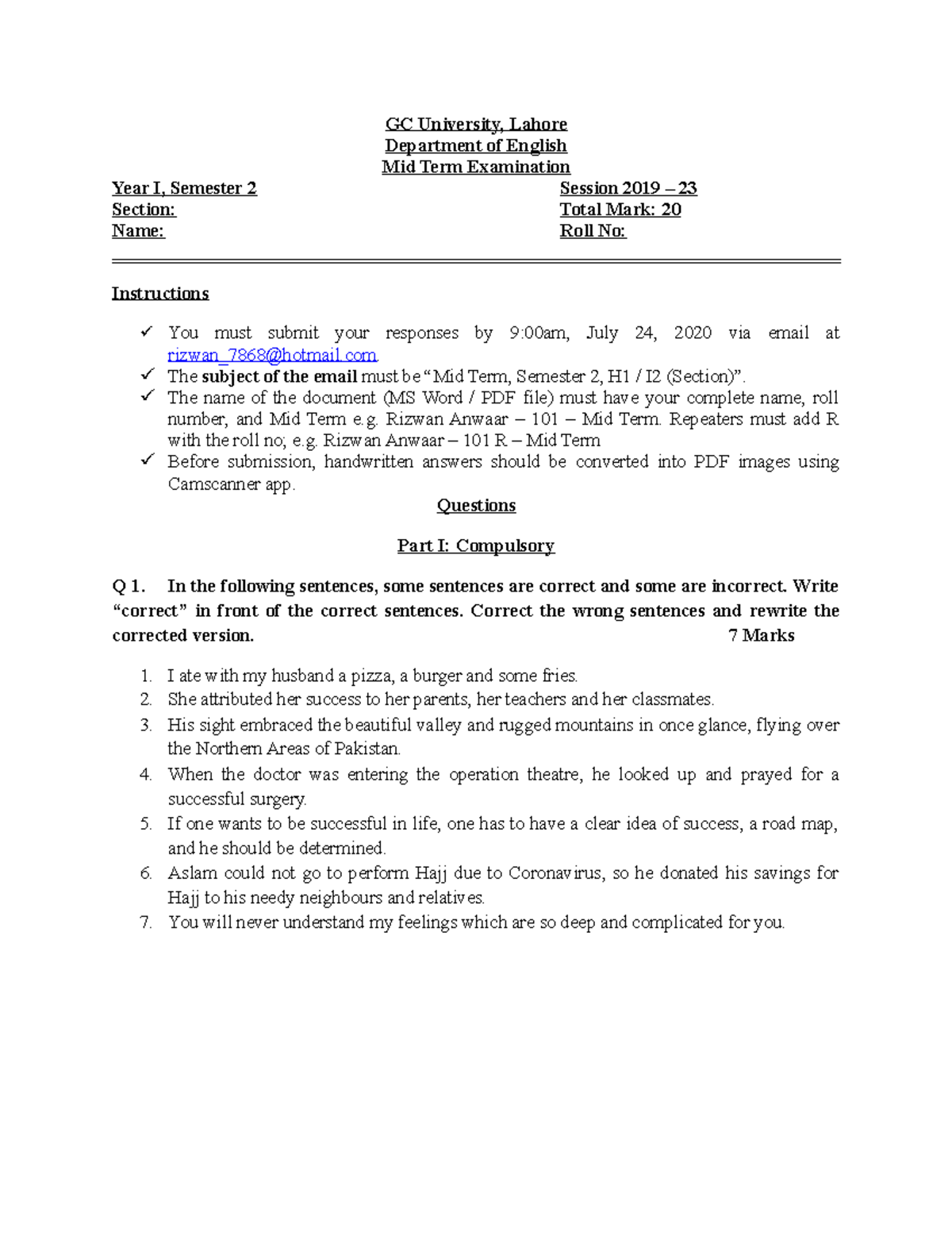 Past paper mid term by sir Rizwan Anwaar - GC University, Lahore ...