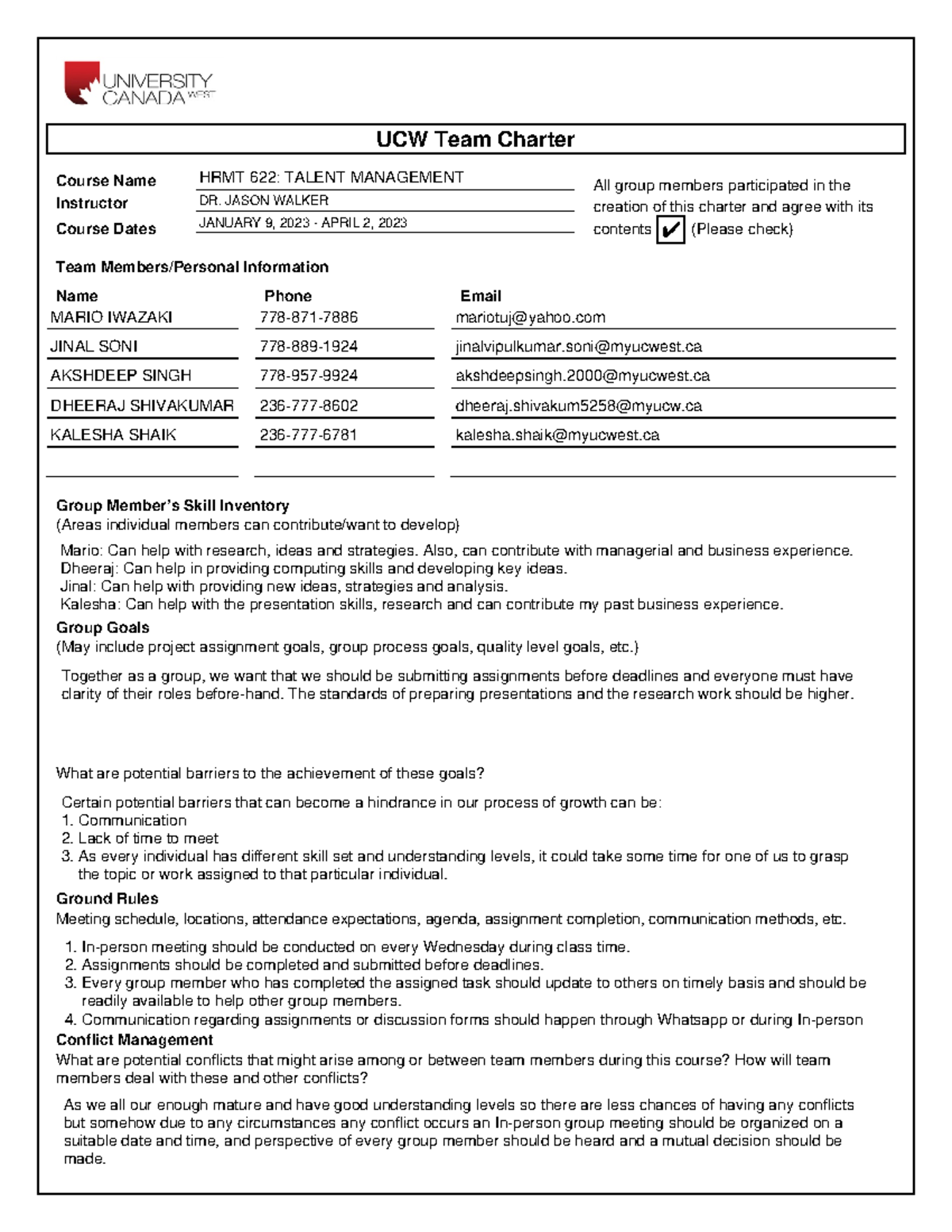 HRMT 622 TEAM Charter - UCW Team Charter Course Name All group members ...