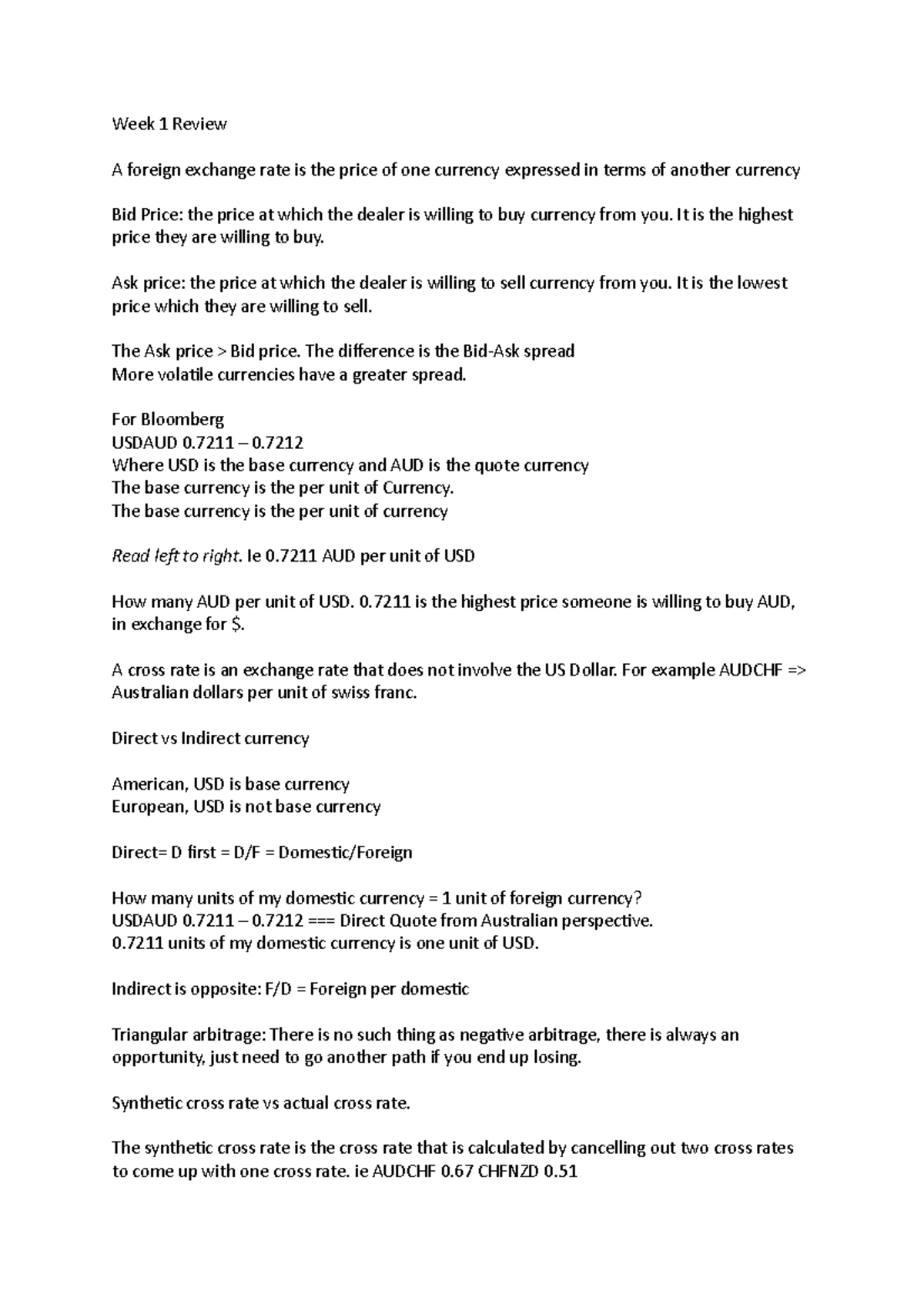 FINM3403 Week 1 Review - Lecture notes - Week 1 Review A foreign ...