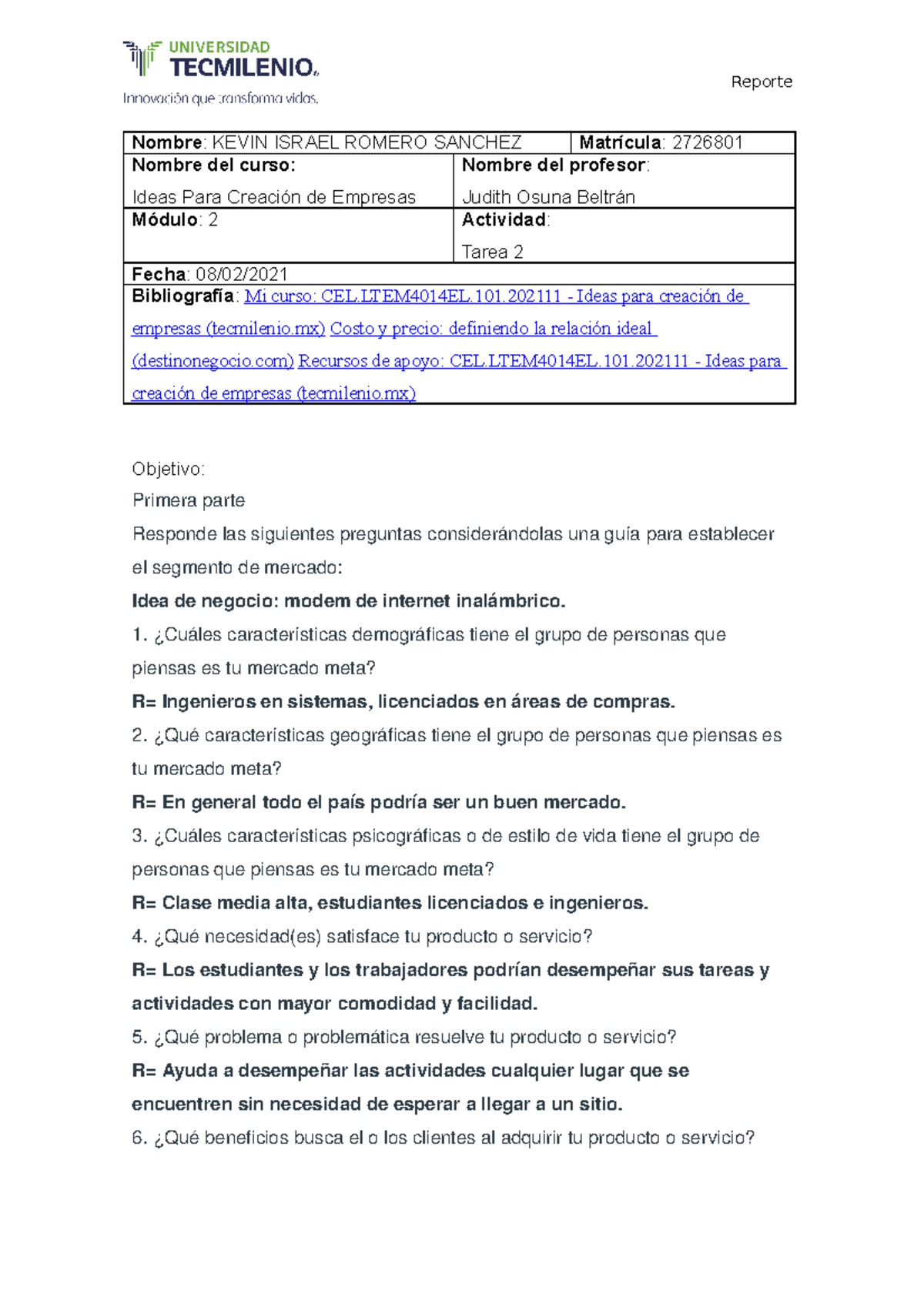 Tarea 2 - ideas para crea creacion de empresas - Nombre : KEVIN ISRAEL ...