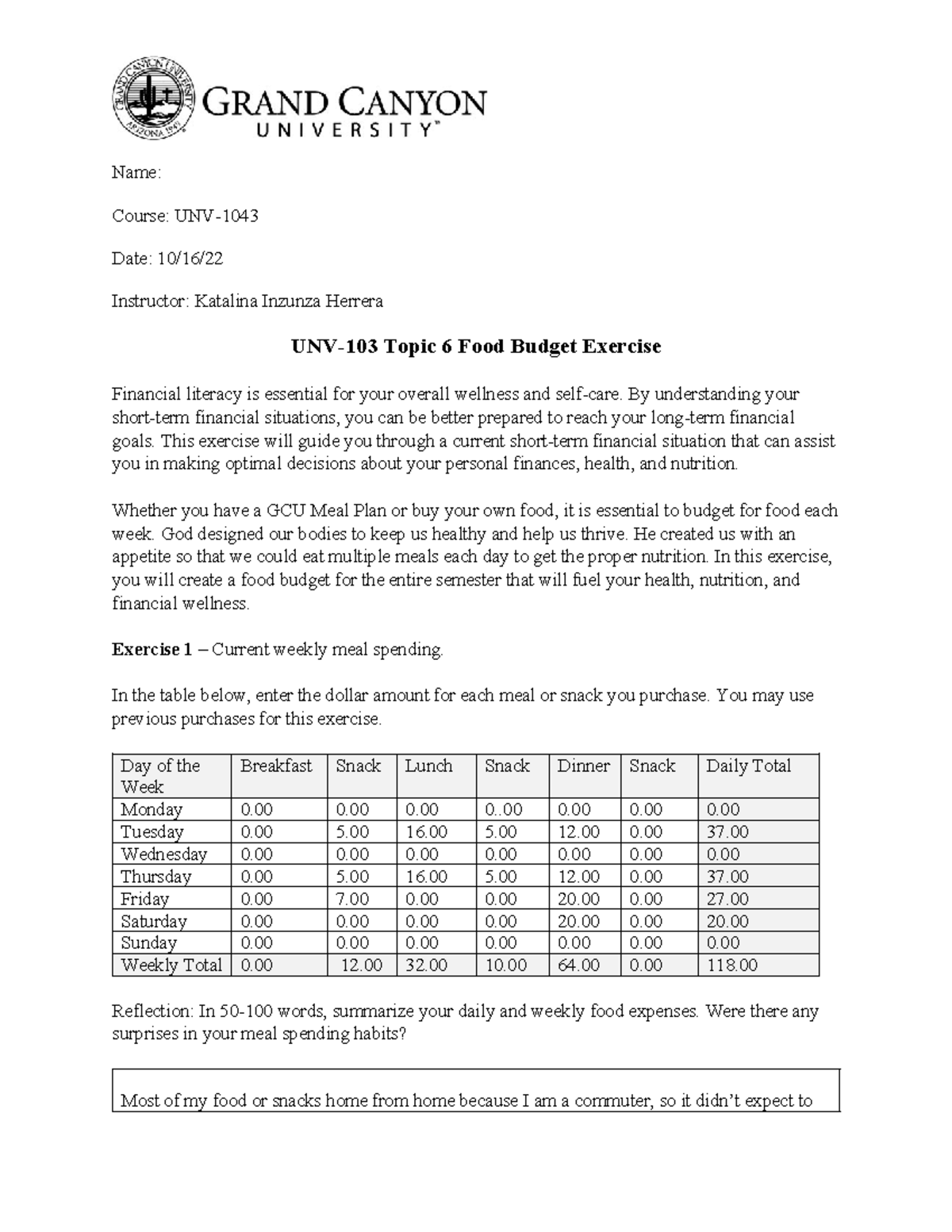 Unv 103 Topic 6 Food Budget Exercise Name Course Unv Date 10 16