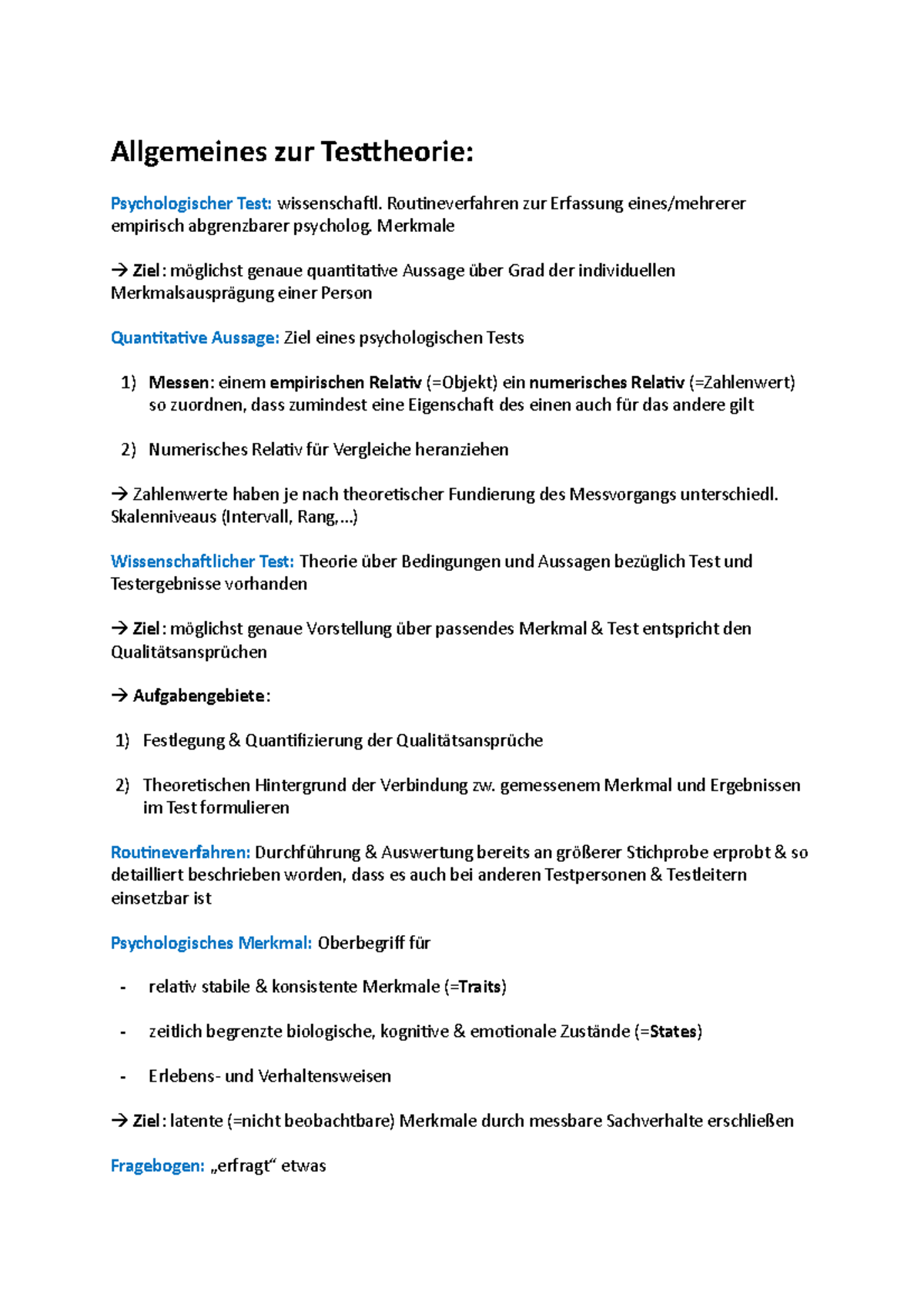 Testtheorie Zusammenfassung Allgemeines zur Testtheorie