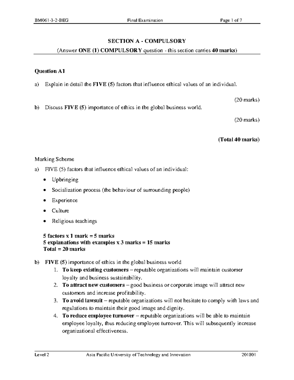 BEG sample exam - SECTION A - COMPULSORY (Answer ONE (1) COMPULSORY ...