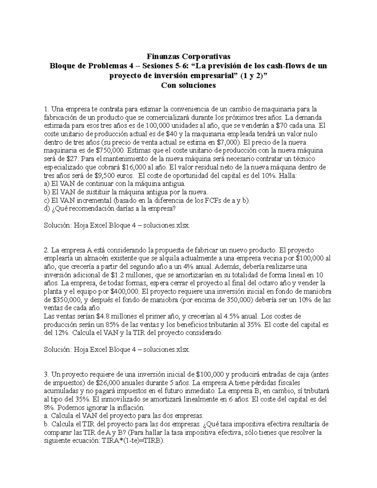 Ejercicios de Flujo de Caja - Finanzas Corporativas Bloque de Problemas ...