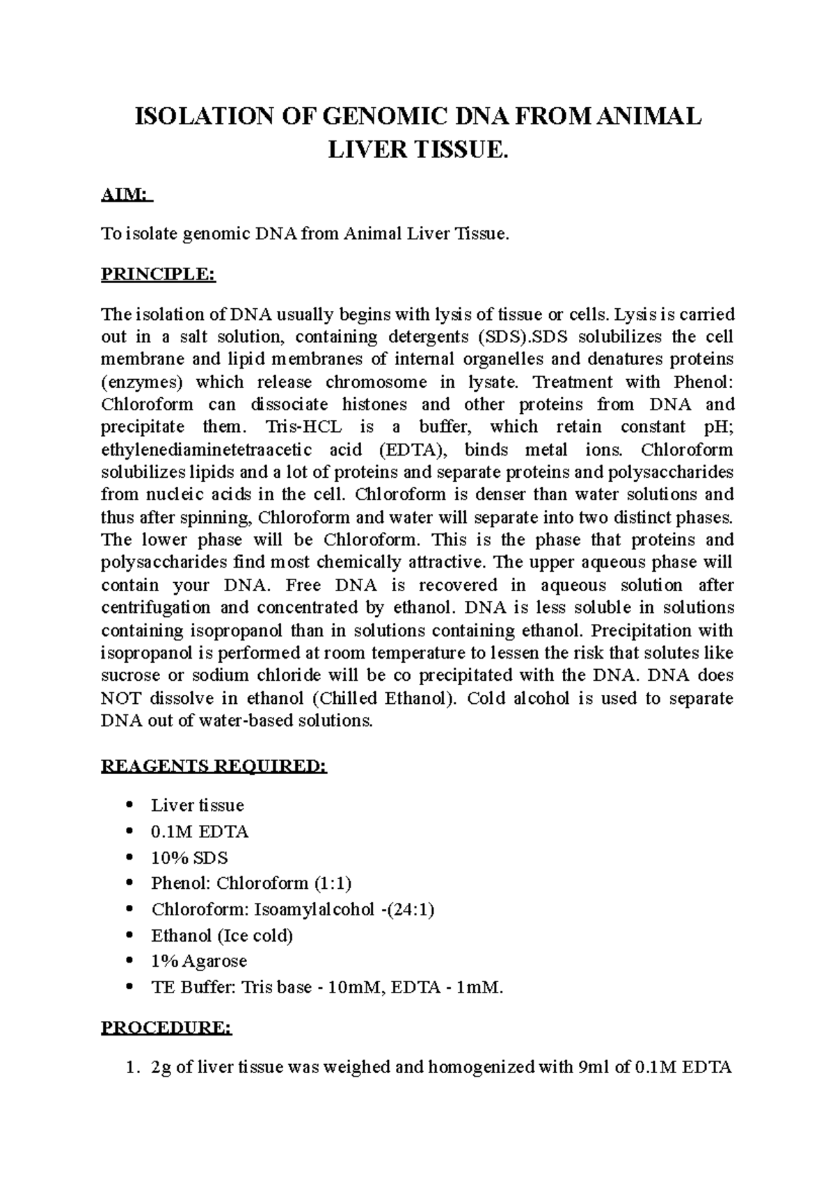 Isolation OF Genomic DNA FROM Animal Liver Tissue ISOLATION OF