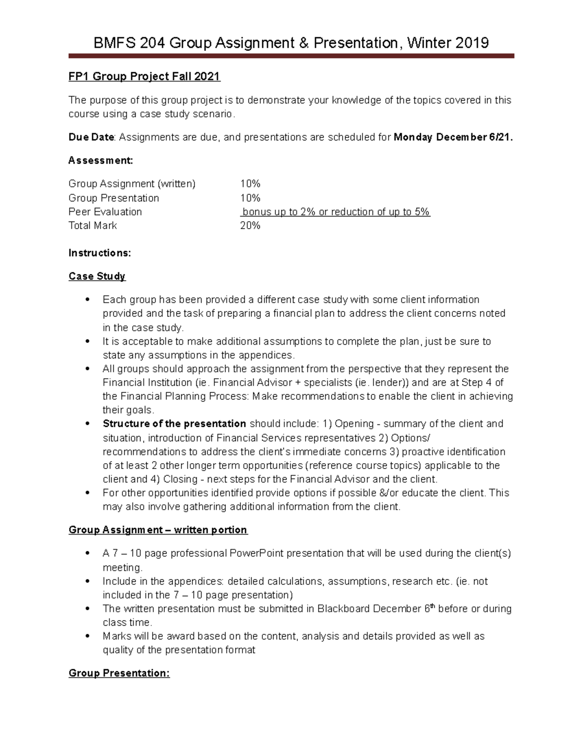 Group assignment instructions Fall21 - BMFS 253 - Humber College - Studocu