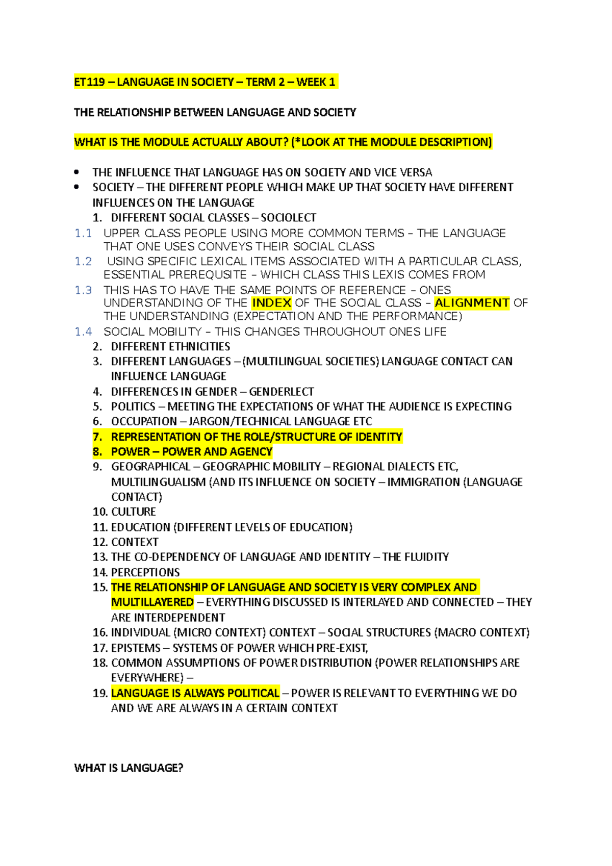 ET119 - WEEK 1 - Lecture notes 1 - ET119 – LANGUAGE IN SOCIETY – TERM 2 ...