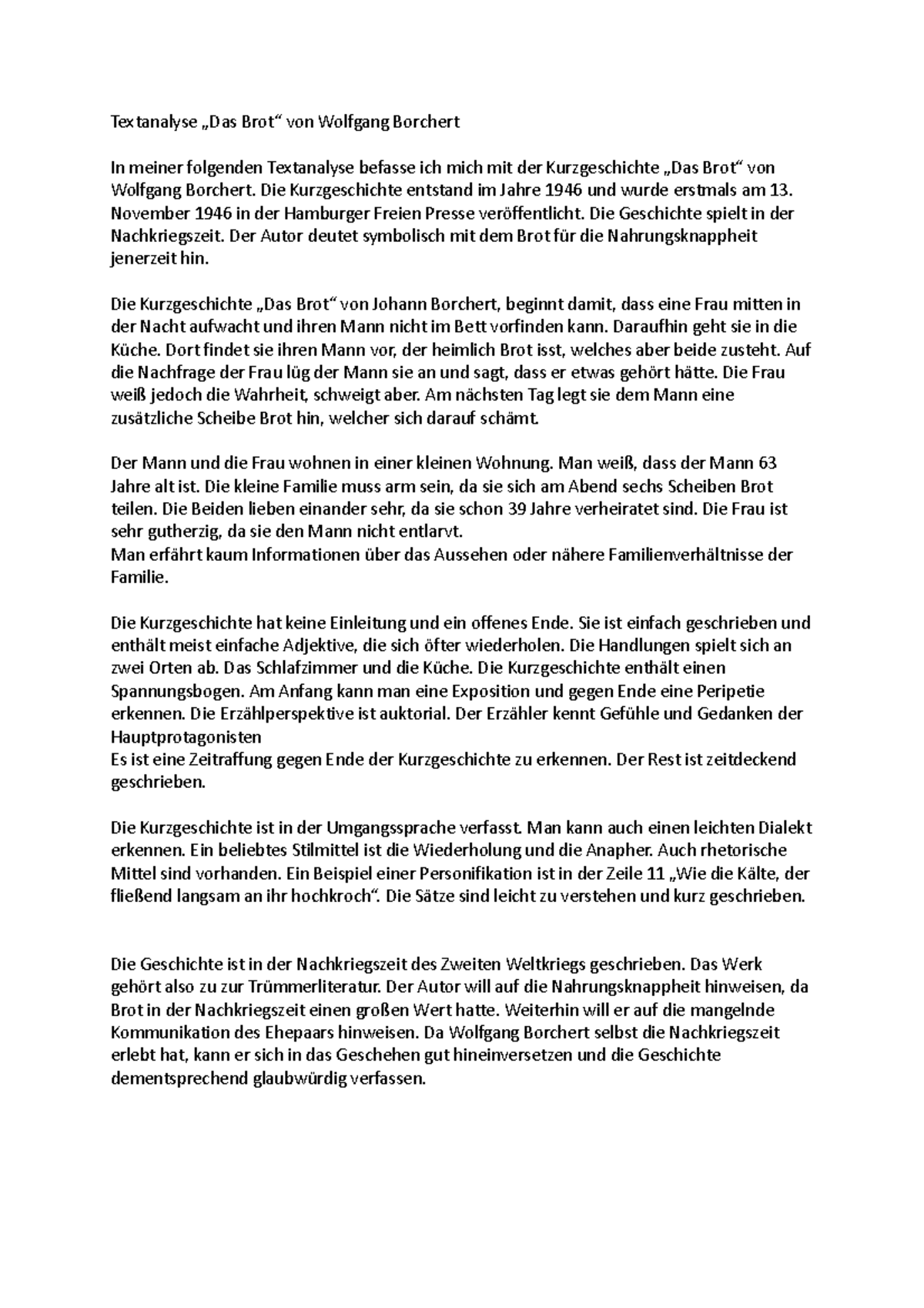 Das Brot Von Wolfgang Borchert Analyse Textanalyse - Analyse - Textanalyse „Das Brot“ von Wolfgang Borchert In