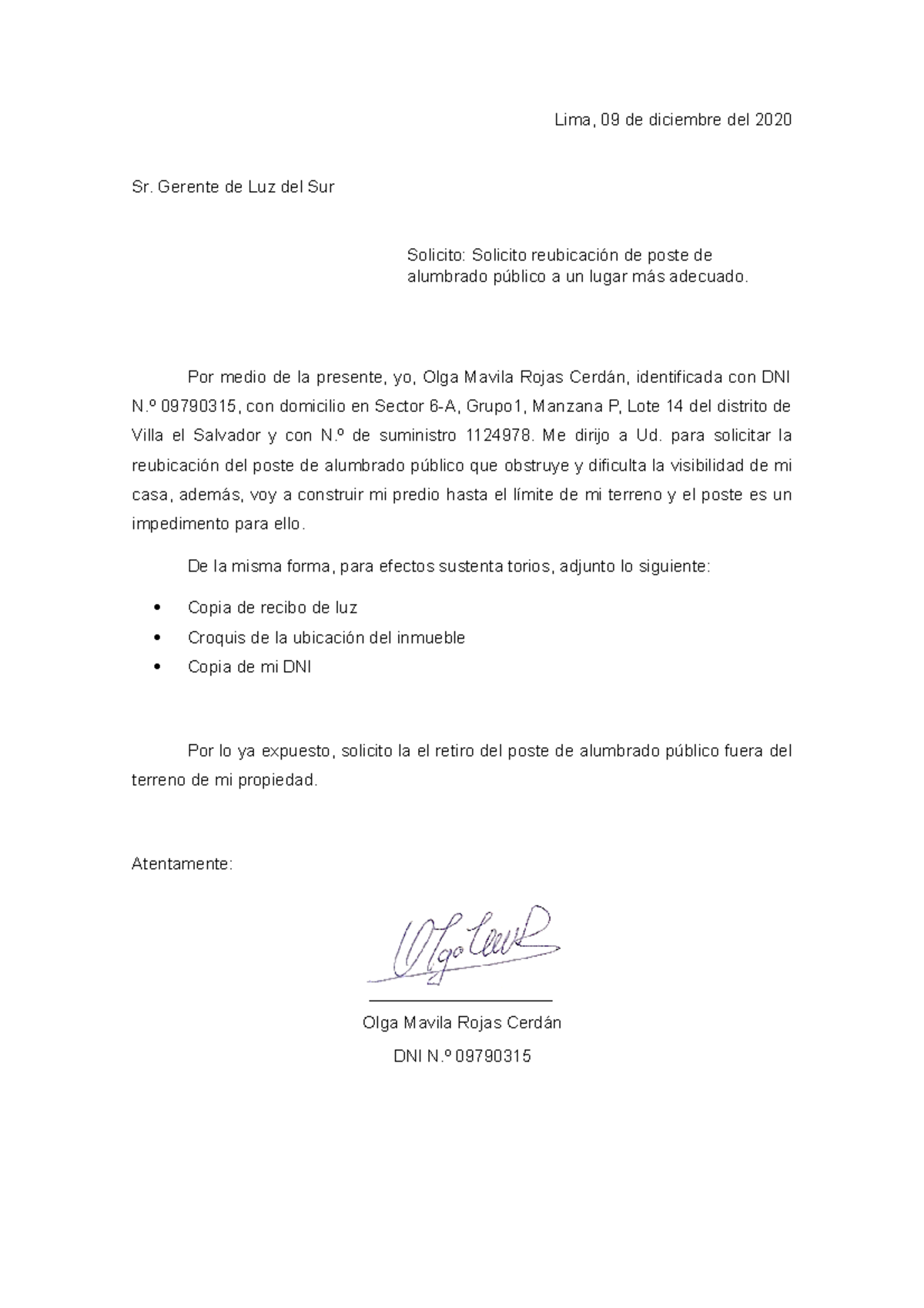 Solicitud de retiro de poste de luz - Lima, 09 de diciembre del 2020 Sr.  Gerente de Luz del Sur - Studocu