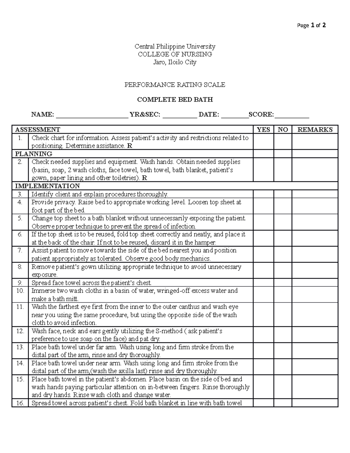 SY2021-22 Checklist Complete Bed Bath - Page 1 of 2 Central Philippine ...